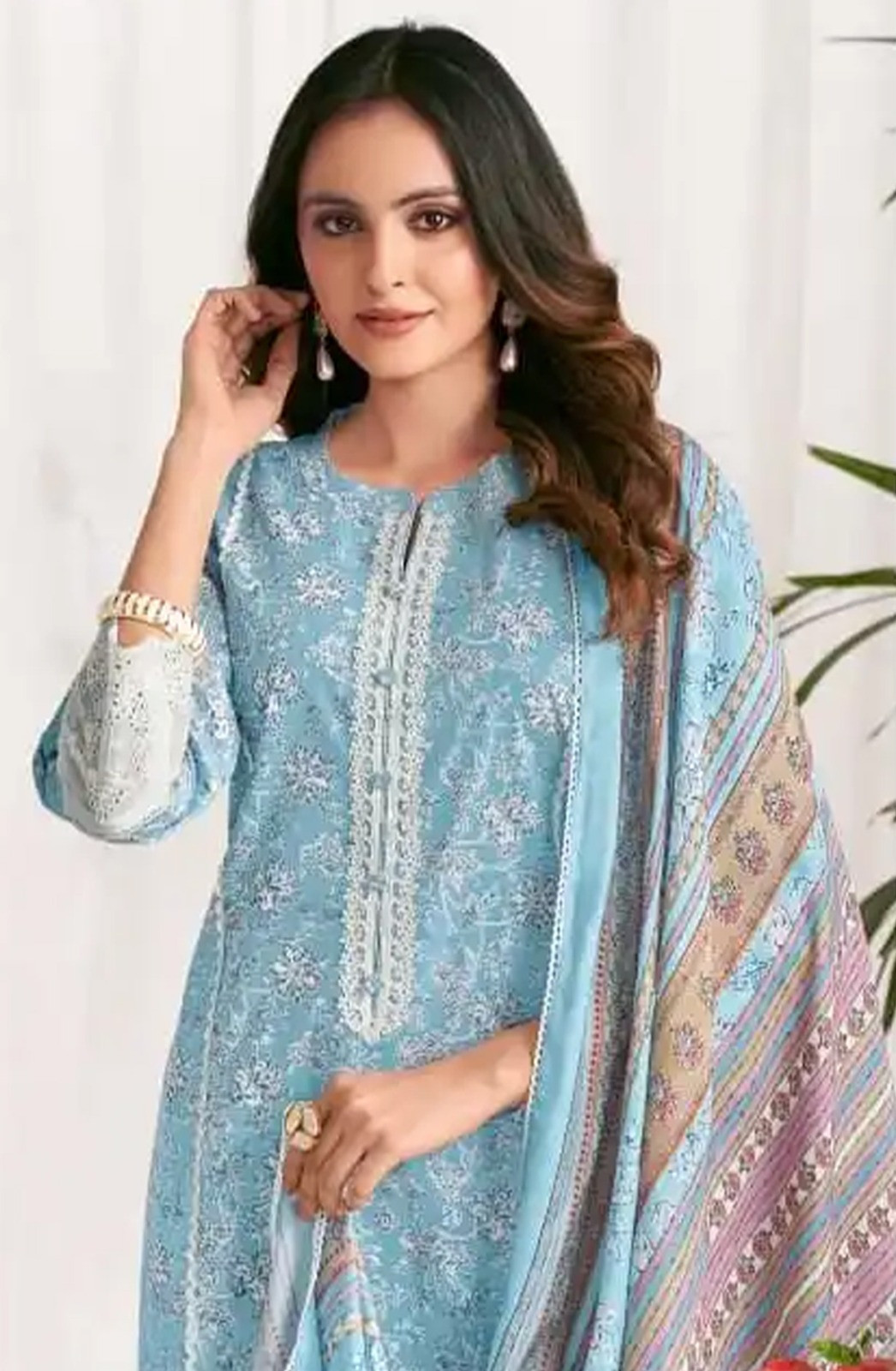 Blue cotton block print Unstitched Suit Set with Dupatta - VAR10514