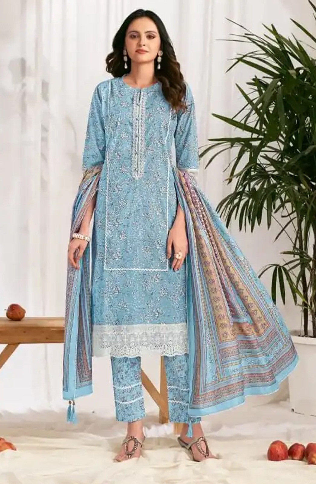 Blue cotton block print Unstitched Suit Set with Dupatta - VAR10514