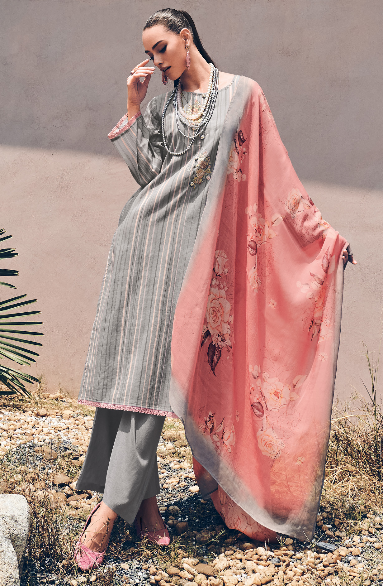 Grey Cotton Digital Print with Embroidery Salwar Suit - RIH01