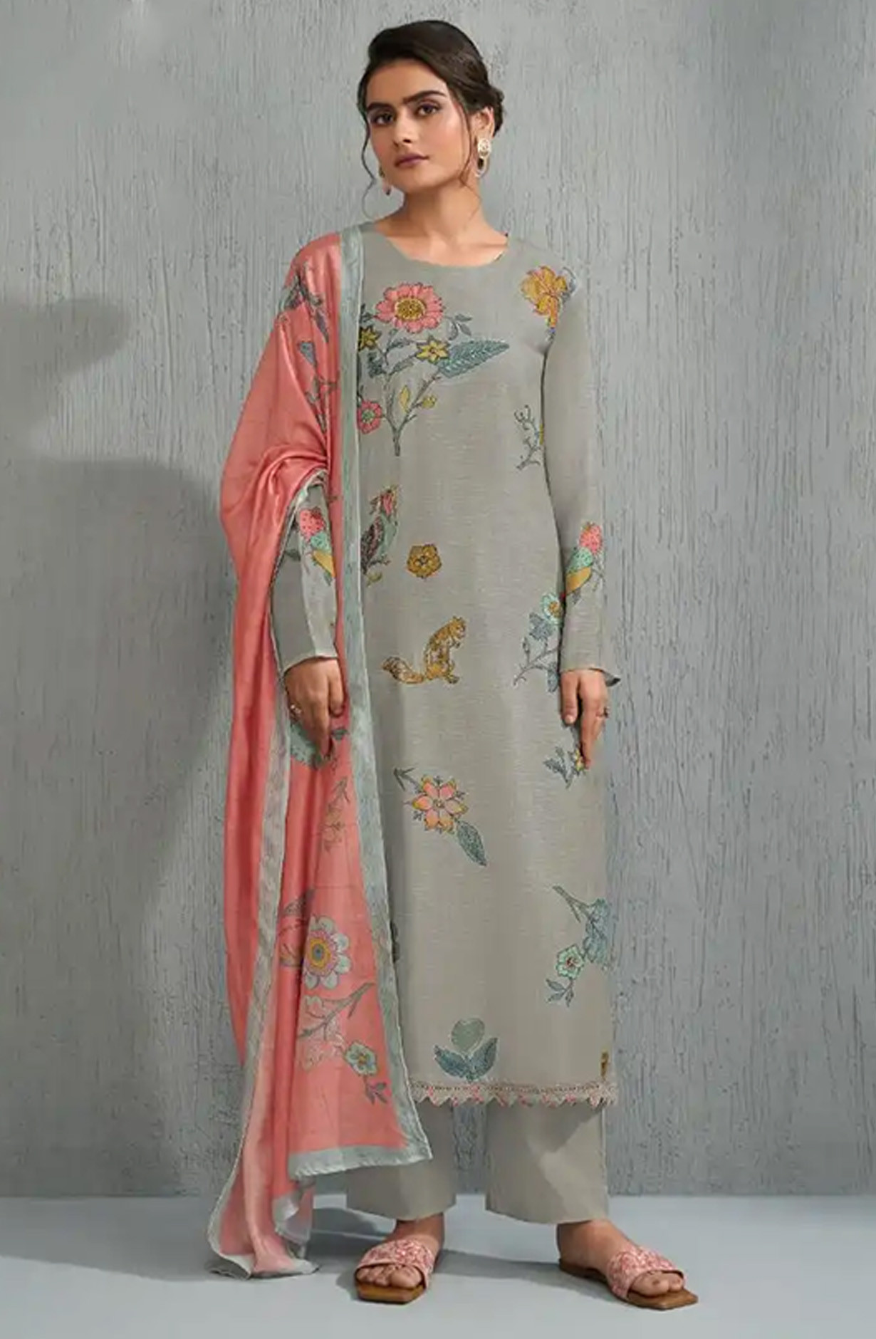 Grey cotton silk Beautiful Suit Set with Dupatta - SAH12041C