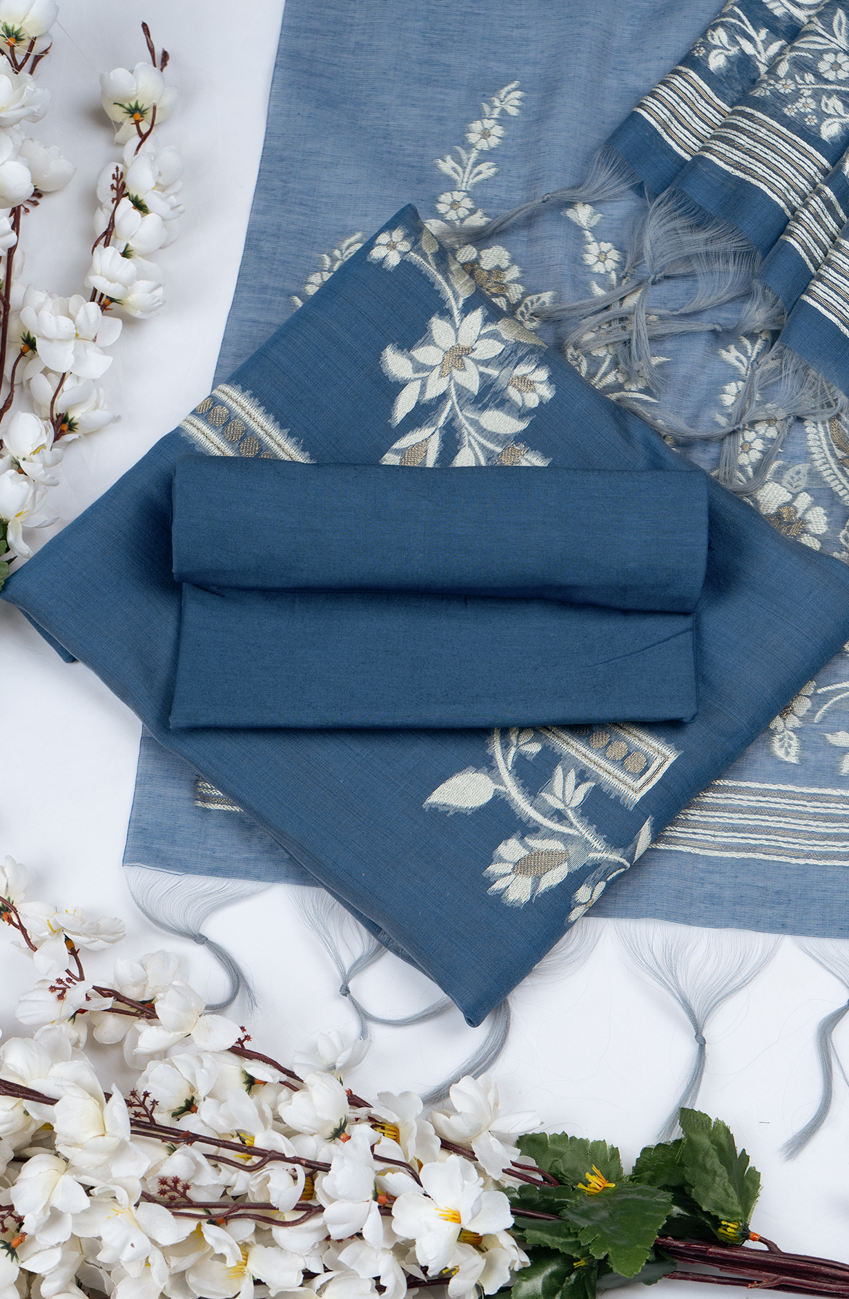 Blue Jamdani weave Beautiful Suit Set with Dupatta - 220-2349-1C