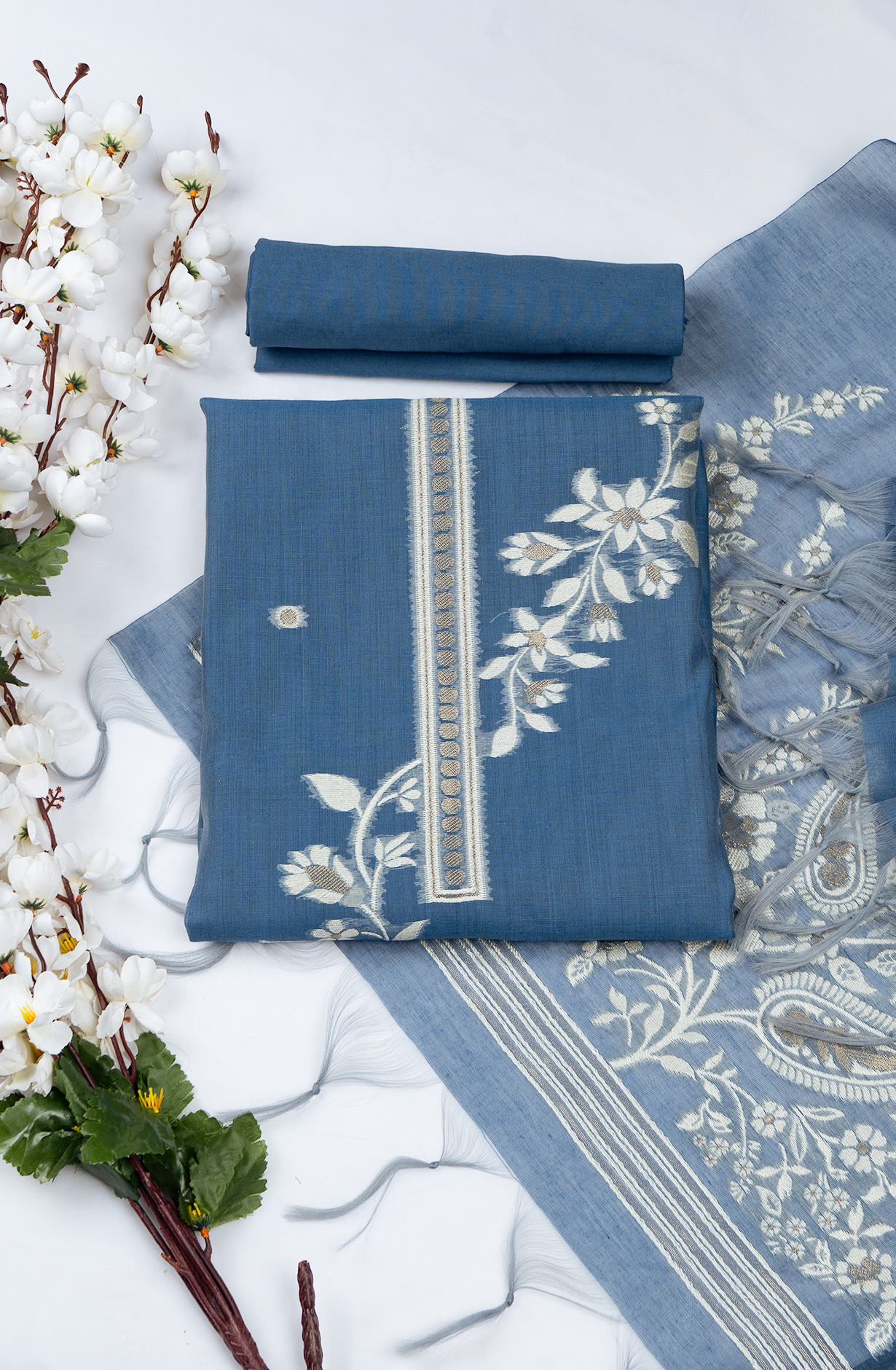 Blue Jamdani weave Beautiful Suit Set with Dupatta - 220-2349-1C