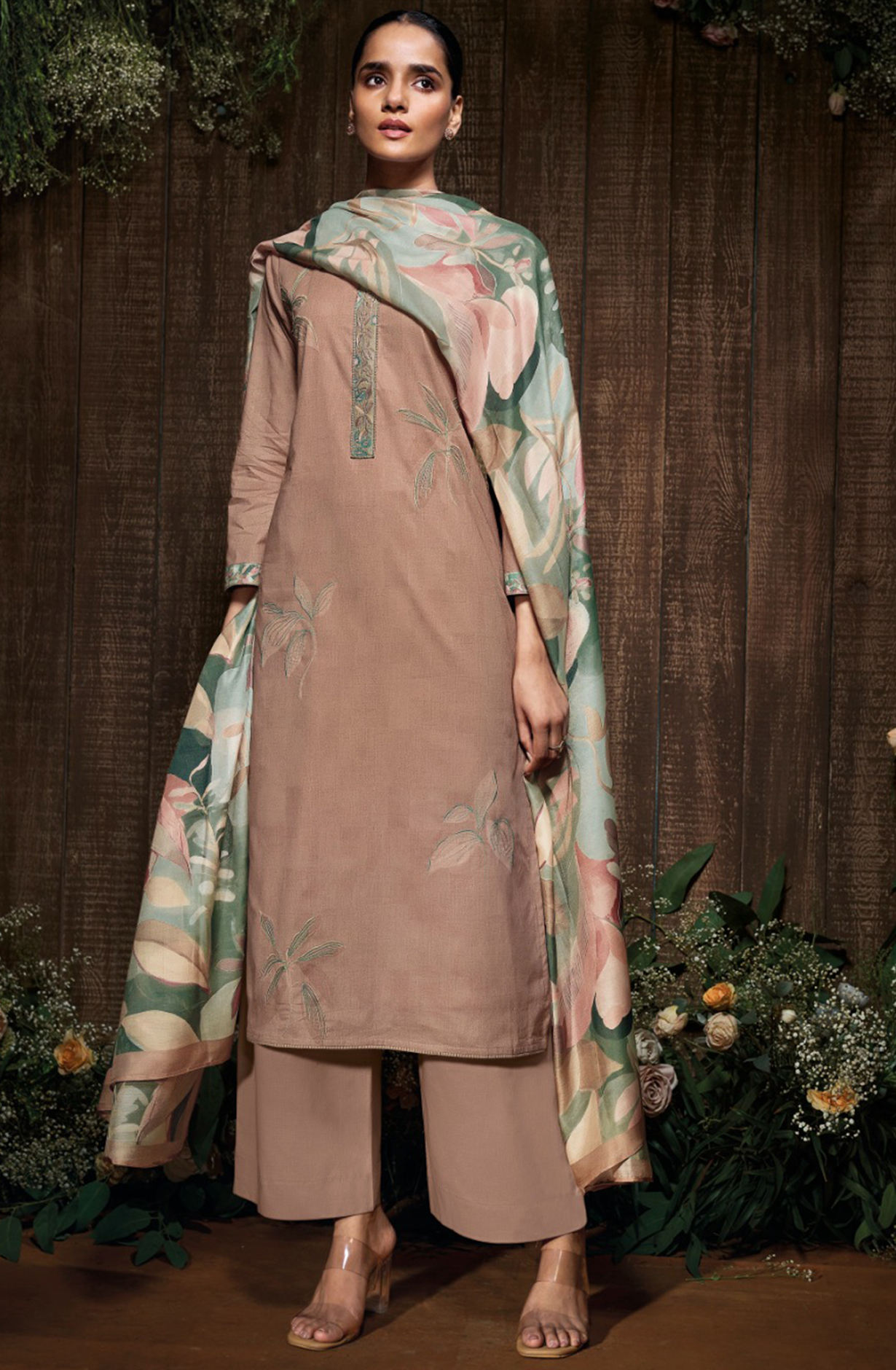 Brown Cotton Printed Suit Set with Dupatta- GITS3594A