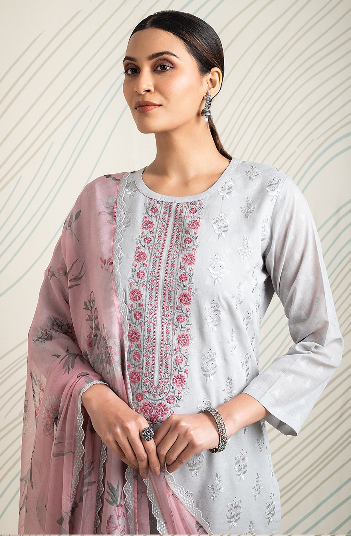 Grey Cotton Jacquard Embroidered Salwar Kameez with Chiffon Dupatta - ASH2199A