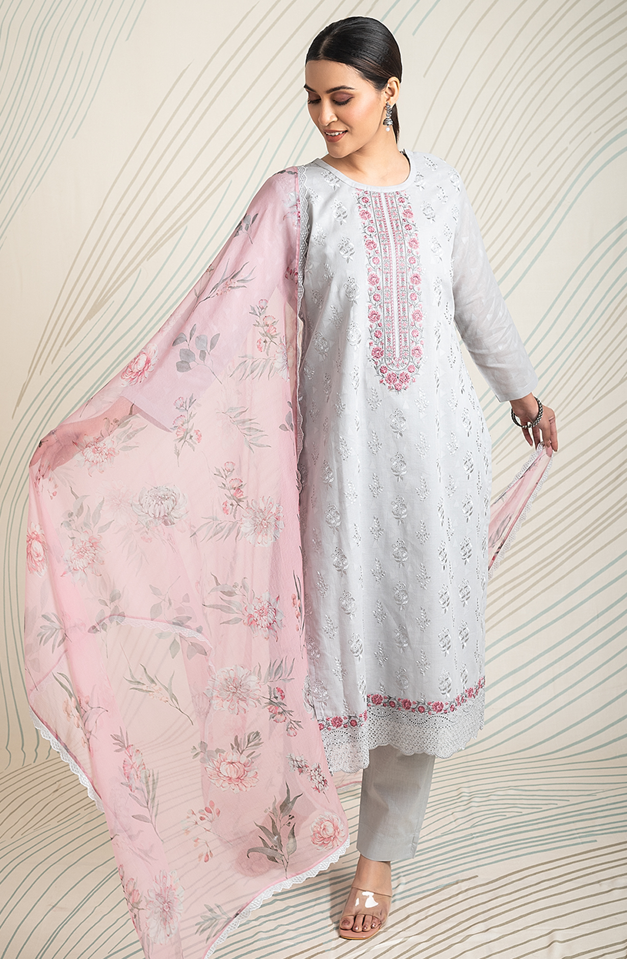 Grey Cotton Jacquard Embroidered Salwar Kameez with Chiffon Dupatta - ASH2199A
