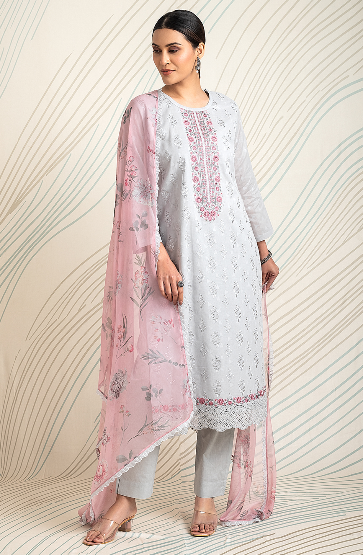 Grey Cotton Jacquard Embroidered Salwar Kameez with Chiffon Dupatta - ASH2199A