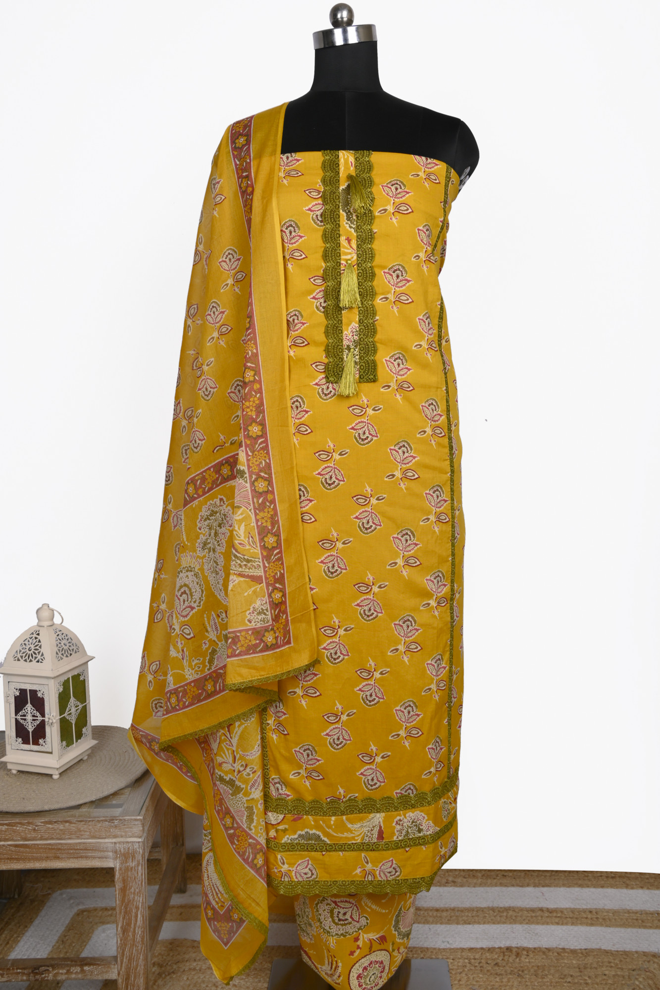 Yellow cotton Suit Set with Beautiful Dupatta - 983-5861-3A