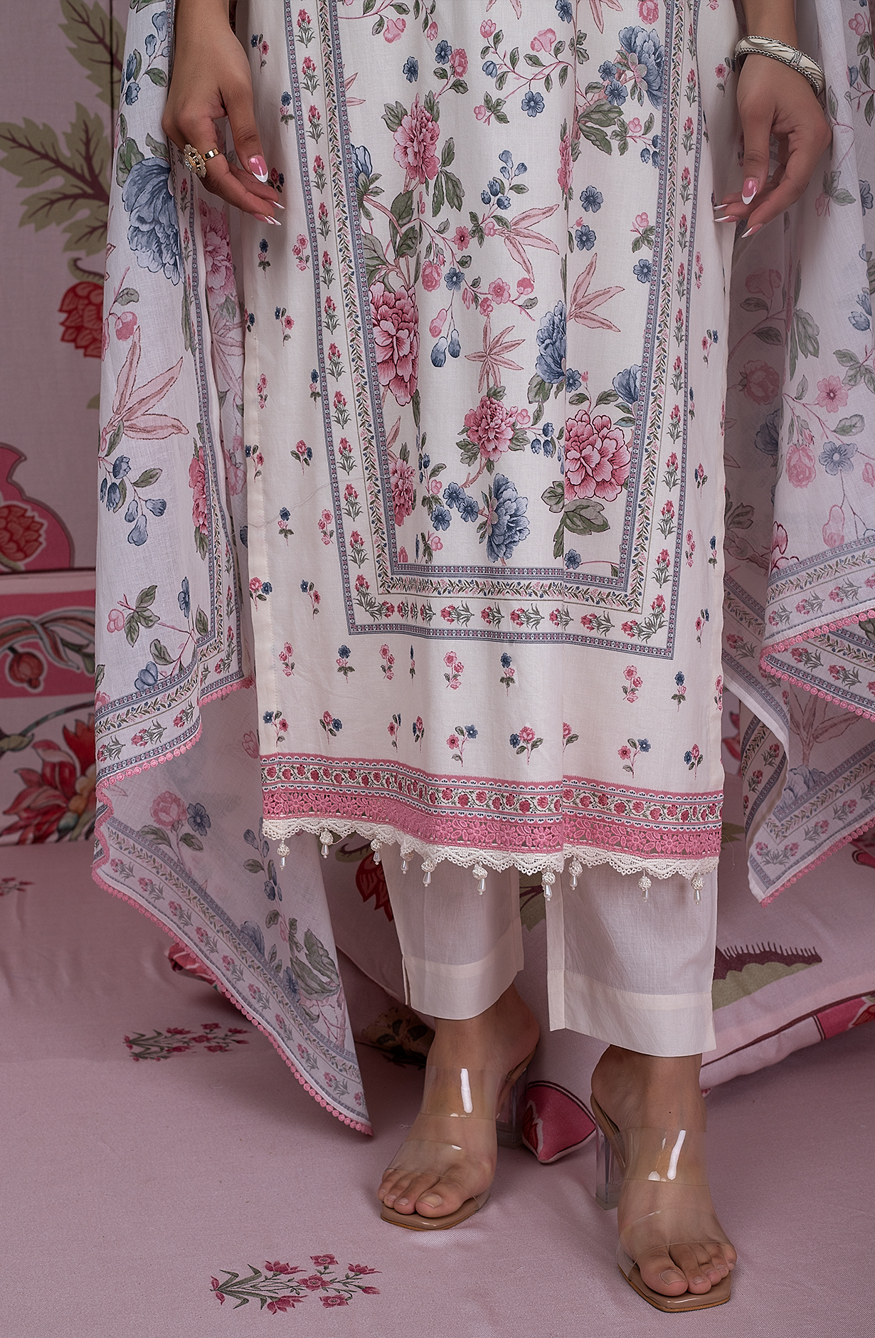 Pure Cotton Lawn Off-white and Multi Digital Printed Unstitched Suit with Lace Work - AFR2238