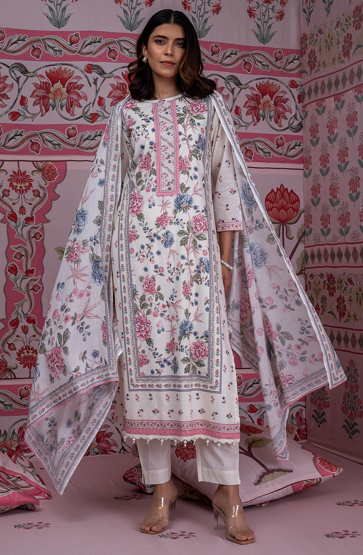 Pure Cotton Lawn Off-white and Multi Digital Printed Unstitched Suit with Lace Work - AFR2238