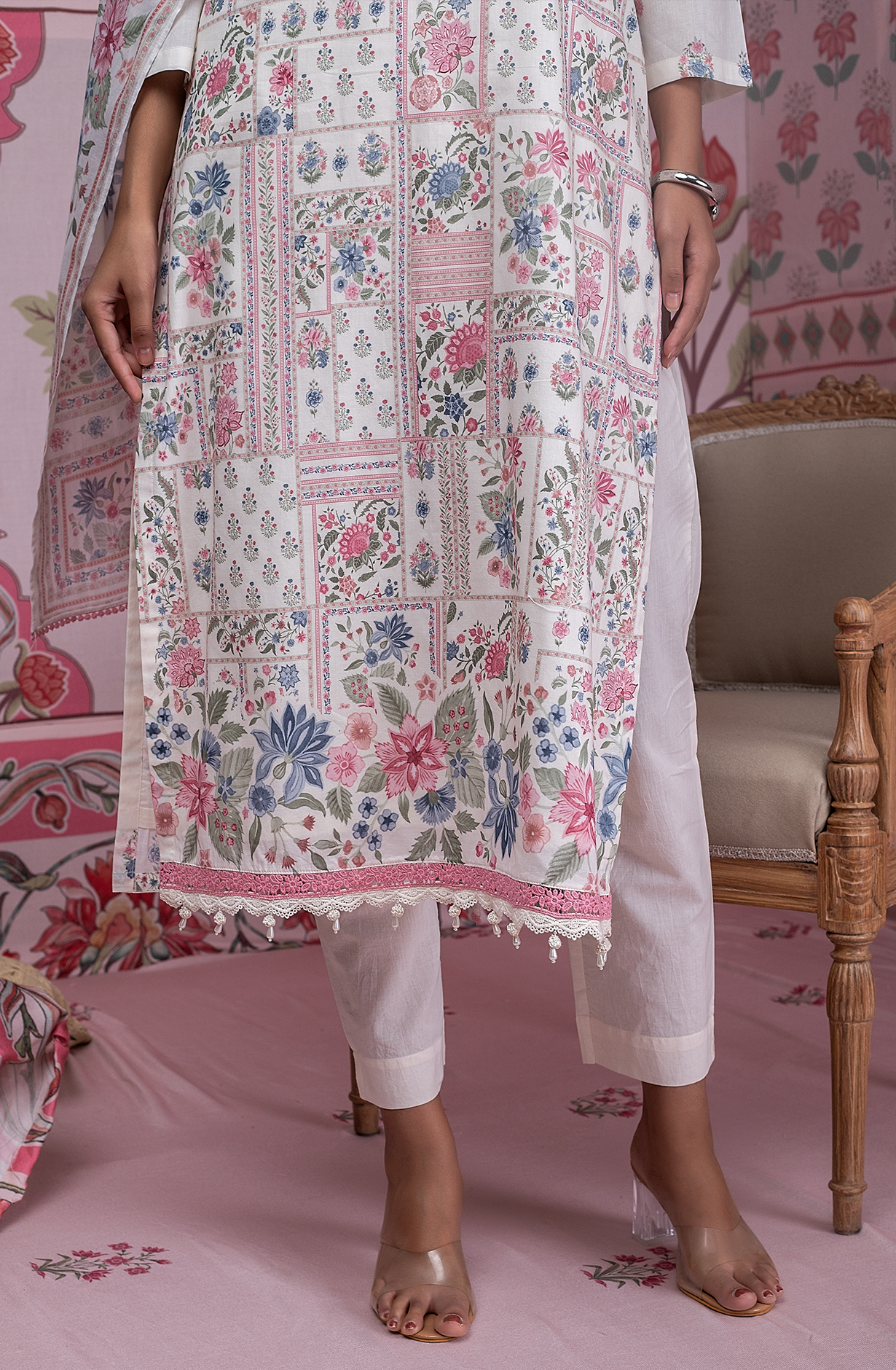 Pure Cotton Lawn Off-white and Multi Digital Printed Unstitched Suit with Lace Work - AFR2239