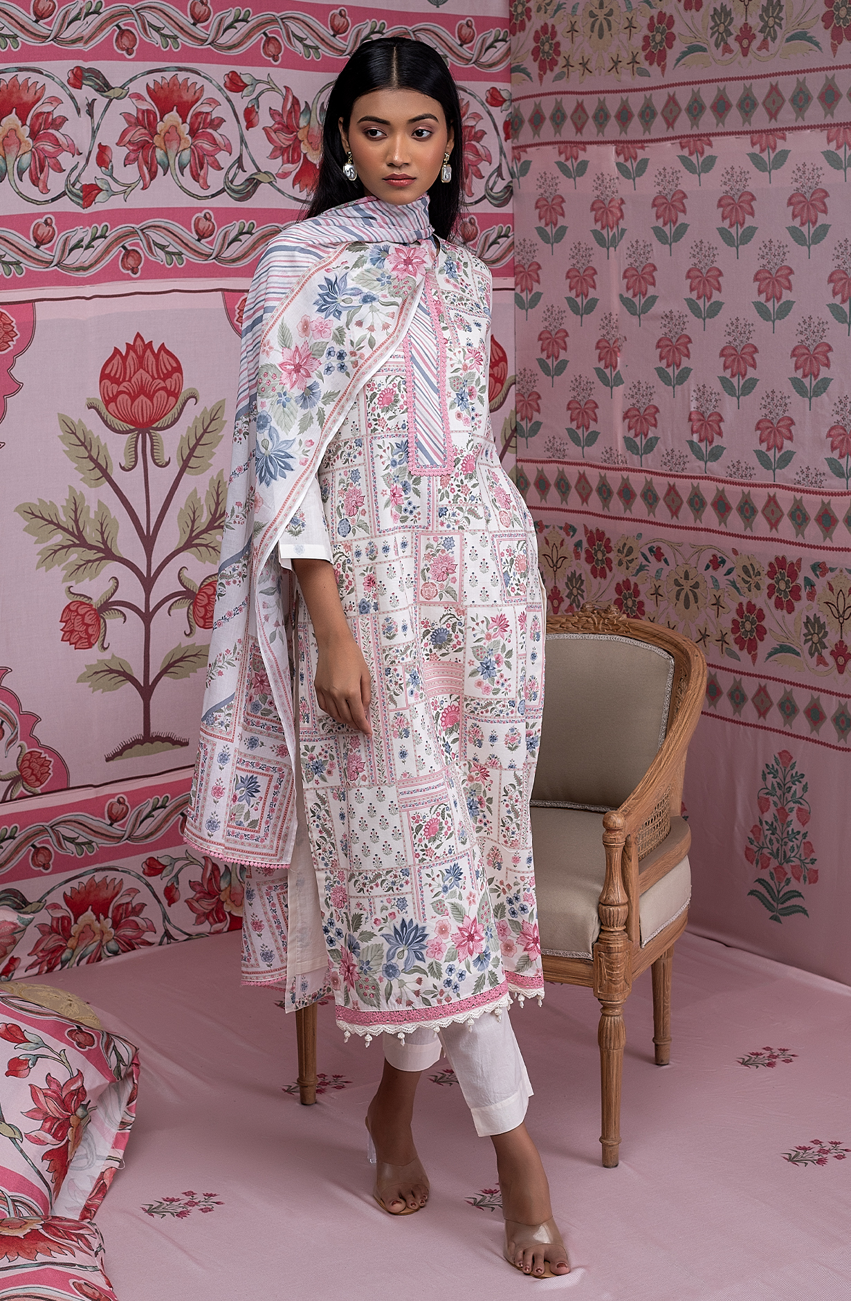 Pure Cotton Lawn Off-white and Multi Digital Printed Unstitched Suit with Lace Work - AFR2239