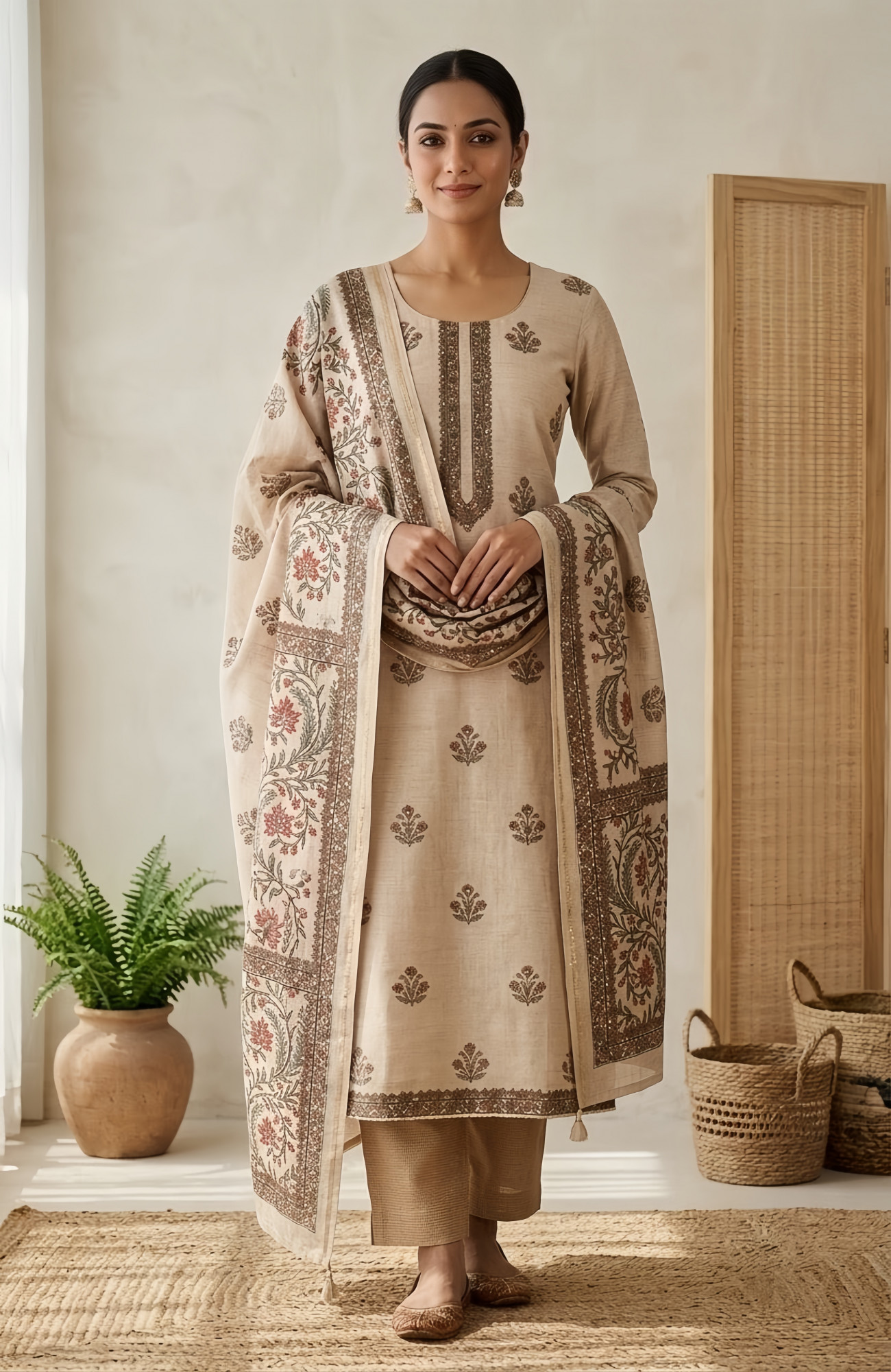 Fawn Cotton chanderi Beautiful Suit Set with Dupatta - 131-EE5130C