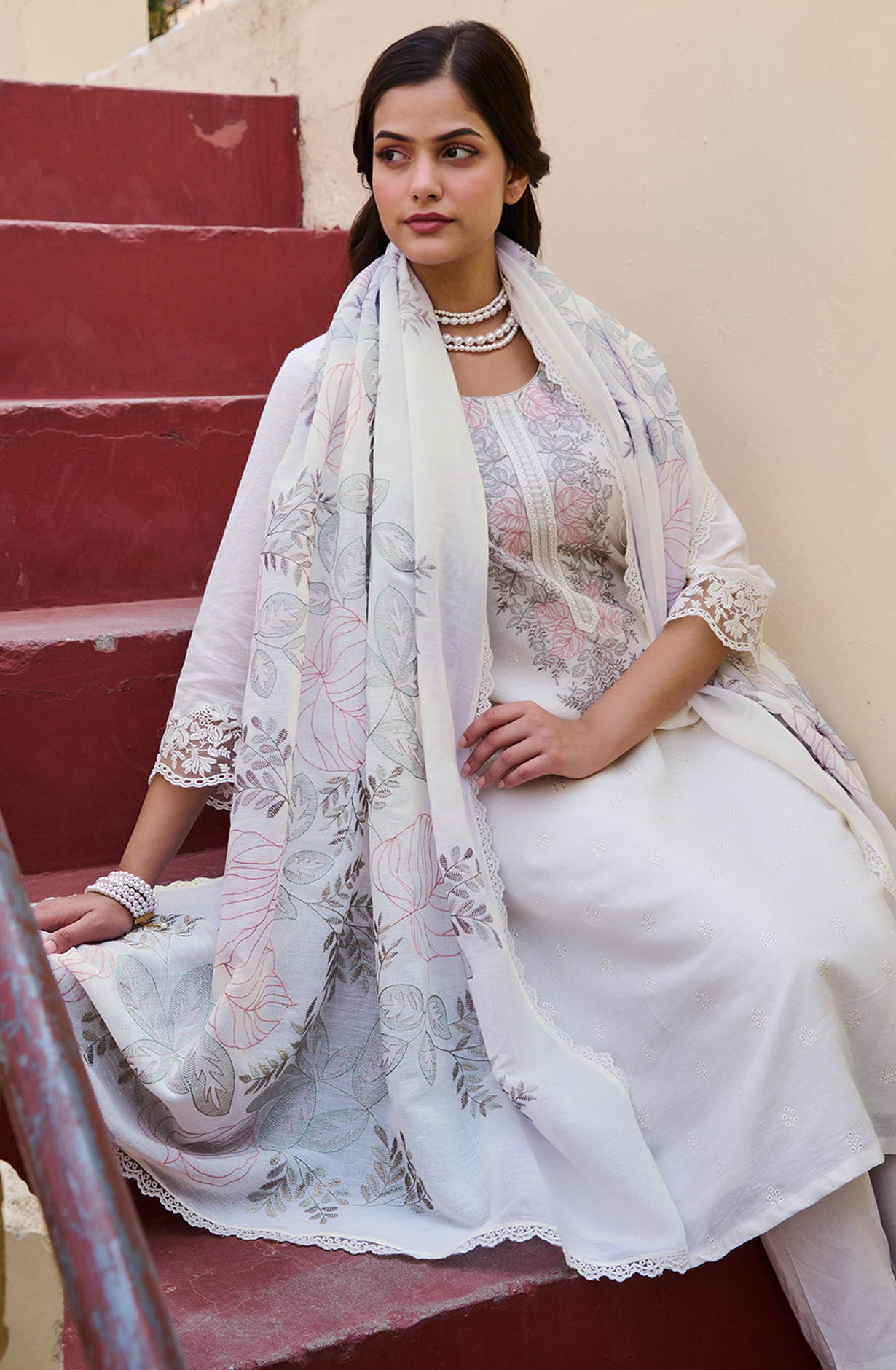 Off-white Luxury Linen Embroidered Salwar Kameez with Trendy Dupatta - FUS2216A