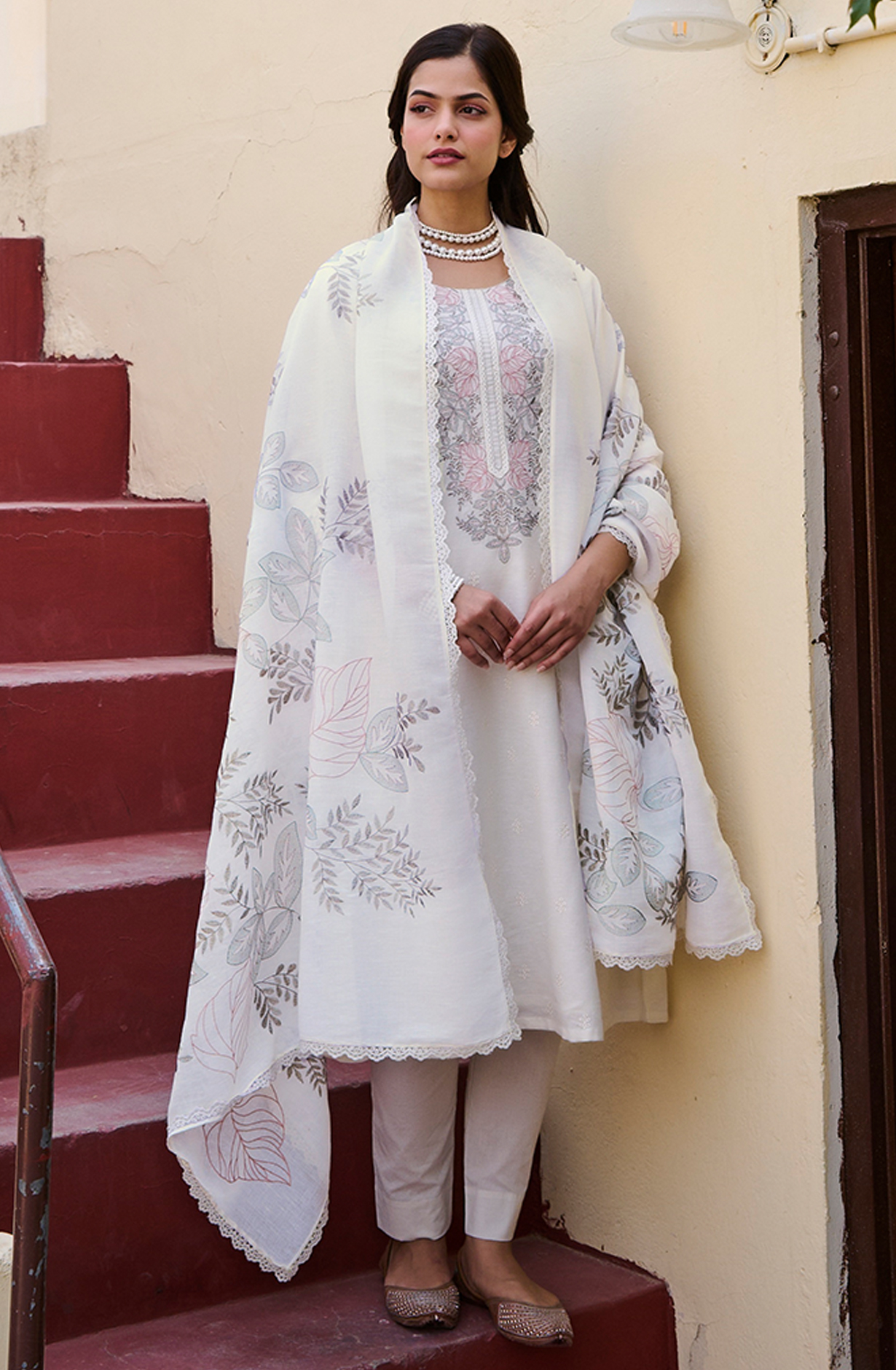 Off-white Luxury Linen Embroidered Salwar Kameez with Trendy Dupatta - FUS2216A