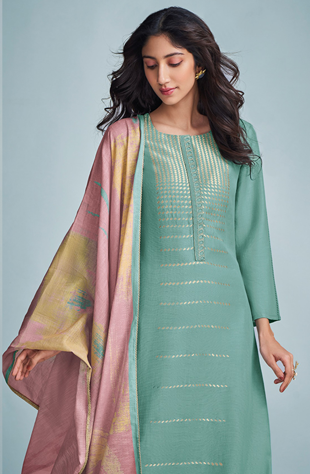 Teal Linen Cutwork Suit with Dupatta - GRE6791B