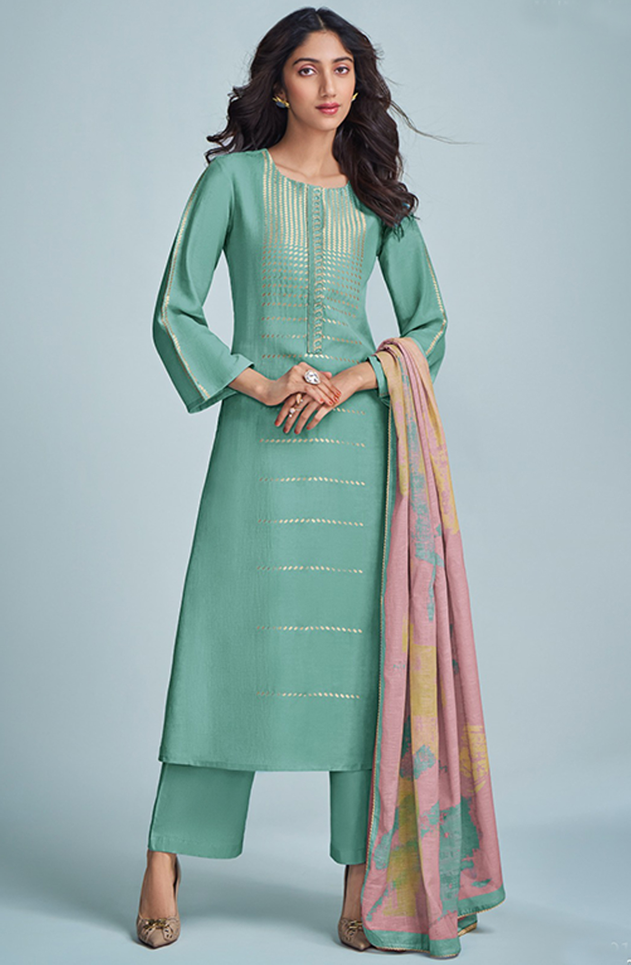 Teal Linen Cutwork Suit with Dupatta - GRE6791B