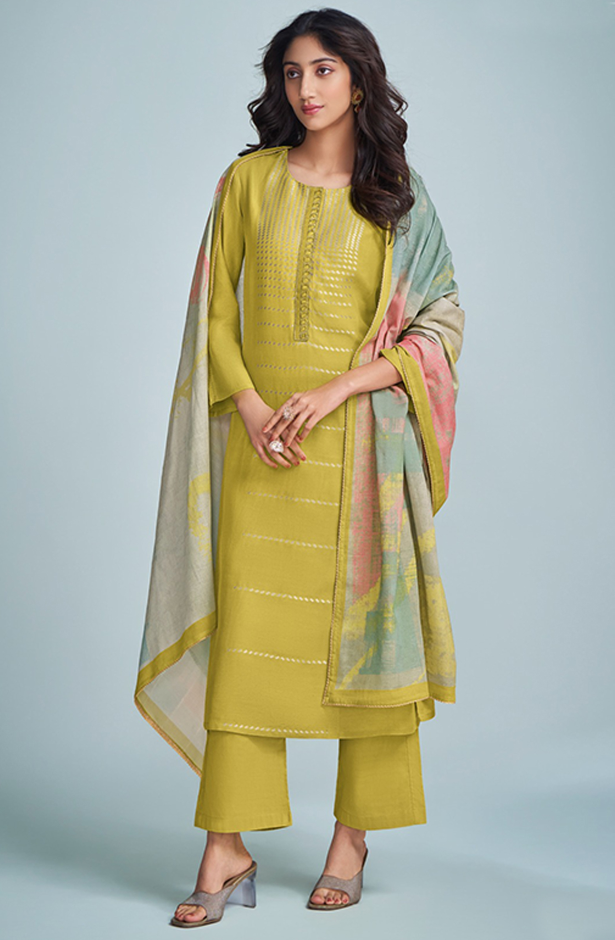 Mehndi Linen Cutwork Suit with Dupatta - GRE6791D