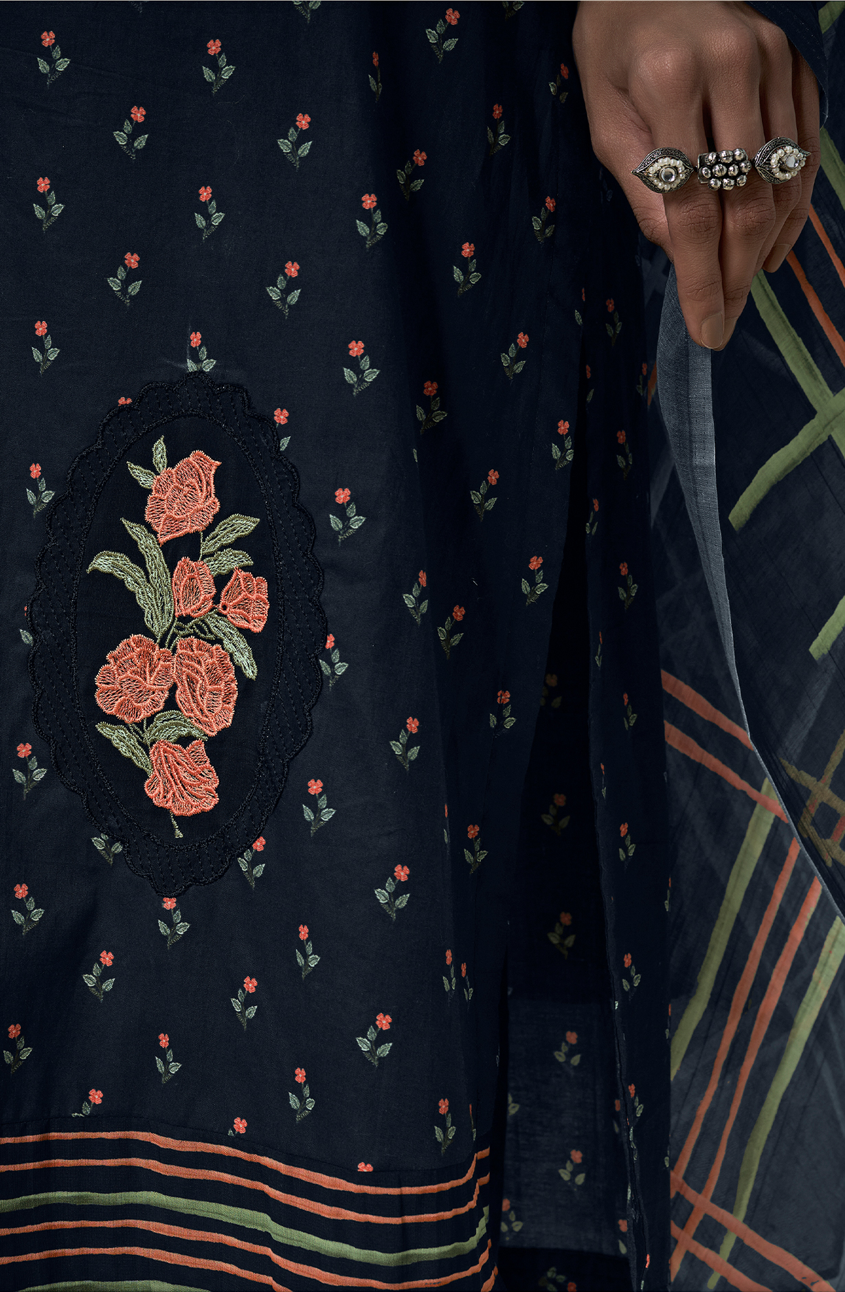 Black Cotton Lawn Digital Printed Unstitched Suit with Embroidery Work - PUS665