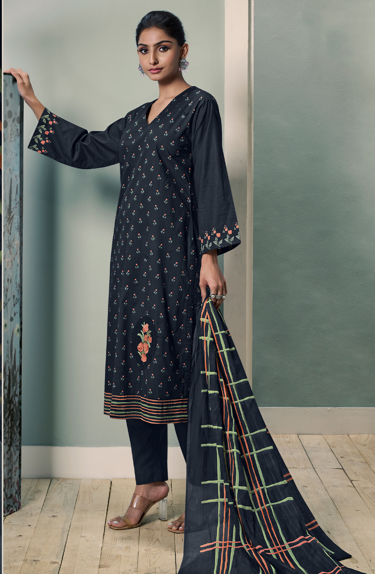 Black Cotton Lawn Digital Printed Unstitched Suit with Embroidery Work - PUS665
