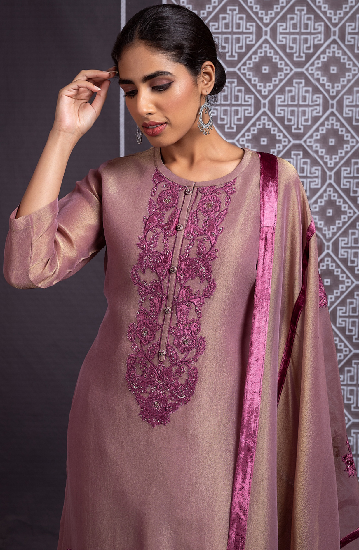 Purple Tissue Silk Unstitched Suit with Velvet Embroidery Work - PER2278C
