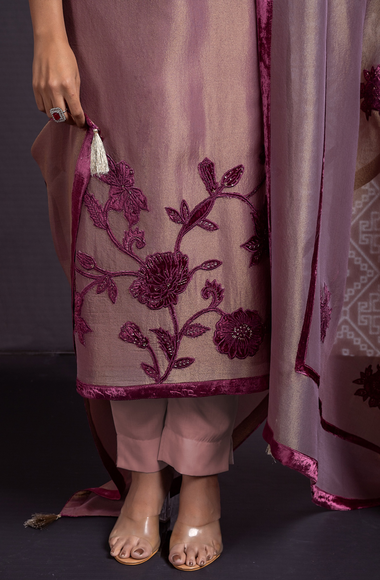Purple Tissue Silk Unstitched Suit with Velvet Embroidery Work - PER2278C