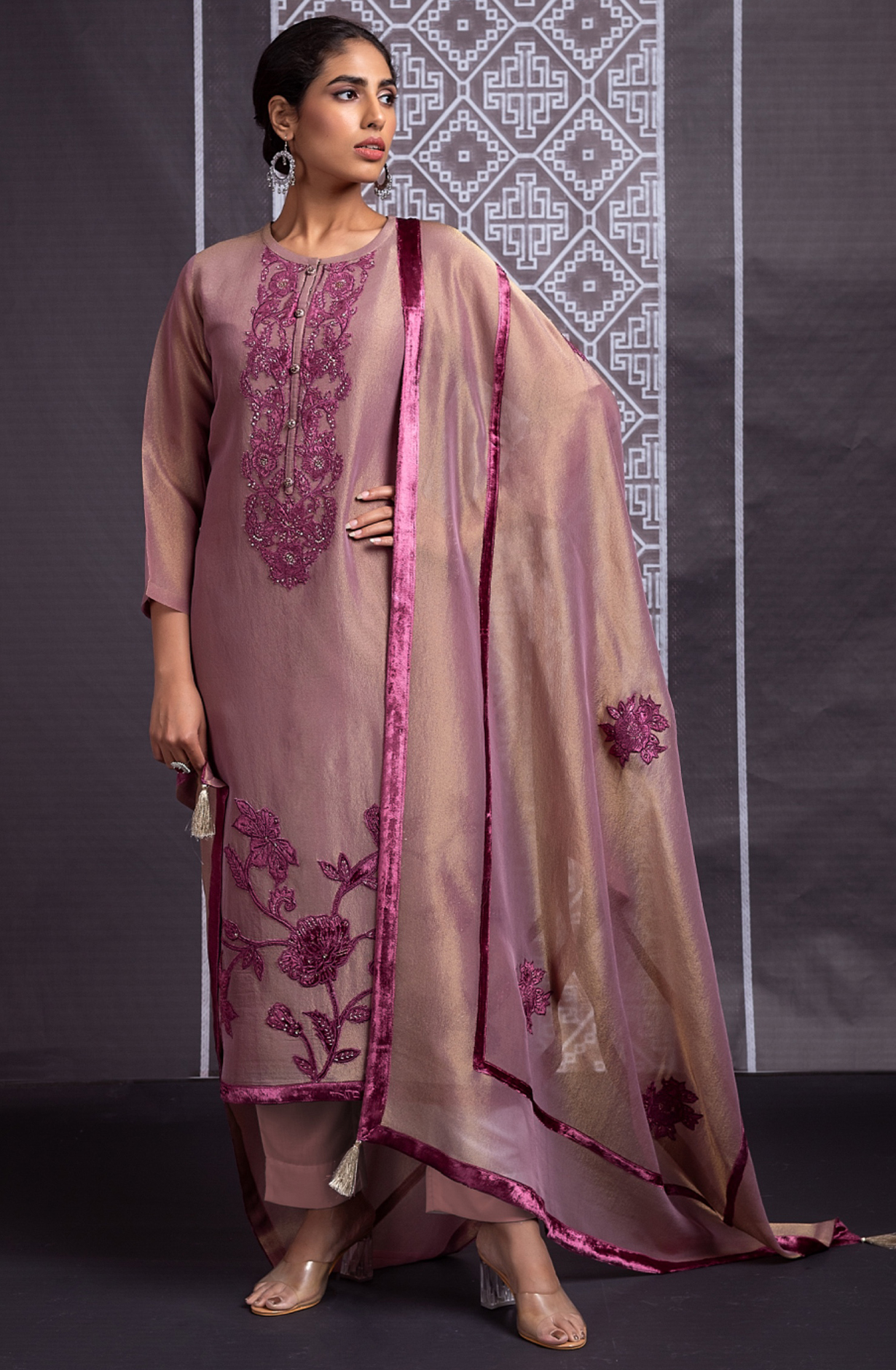 Purple Tissue Silk Unstitched Suit with Velvet Embroidery Work - PER2278C
