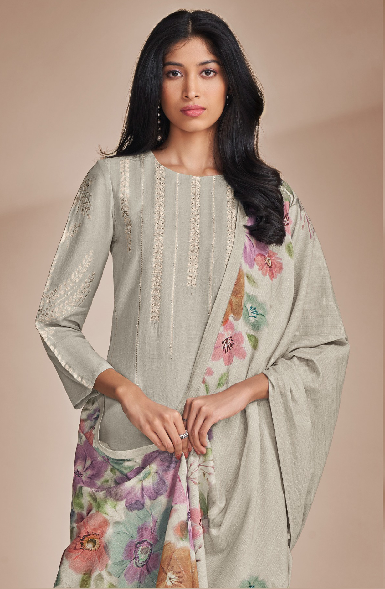 Grey Beautiful Linen Handwork Suit Set with Dupatta - HID6761B