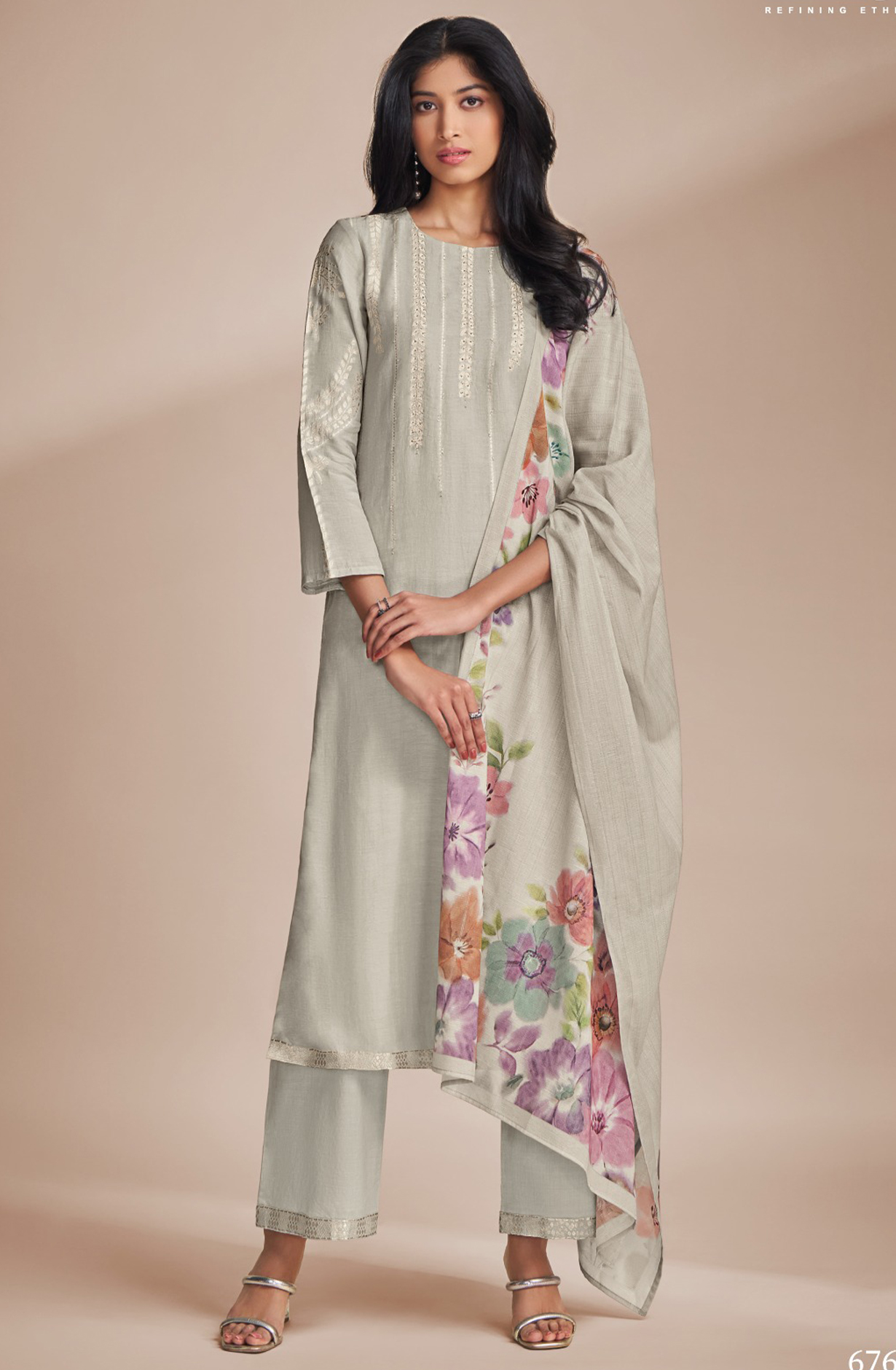 Grey Beautiful Linen Handwork Suit Set with Dupatta - HID6761B