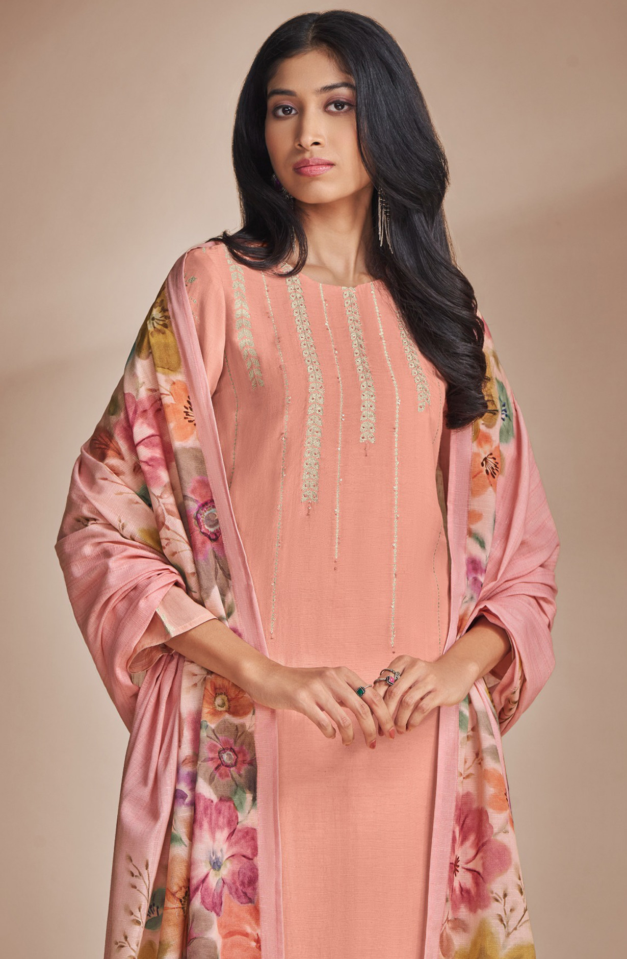 Peach Beautiful Linen Handwork Suit Set with Dupatta - HID6761C