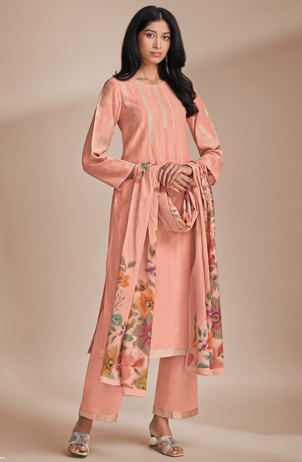 Peach Beautiful Linen Handwork Suit Set with Dupatta - HID6761C