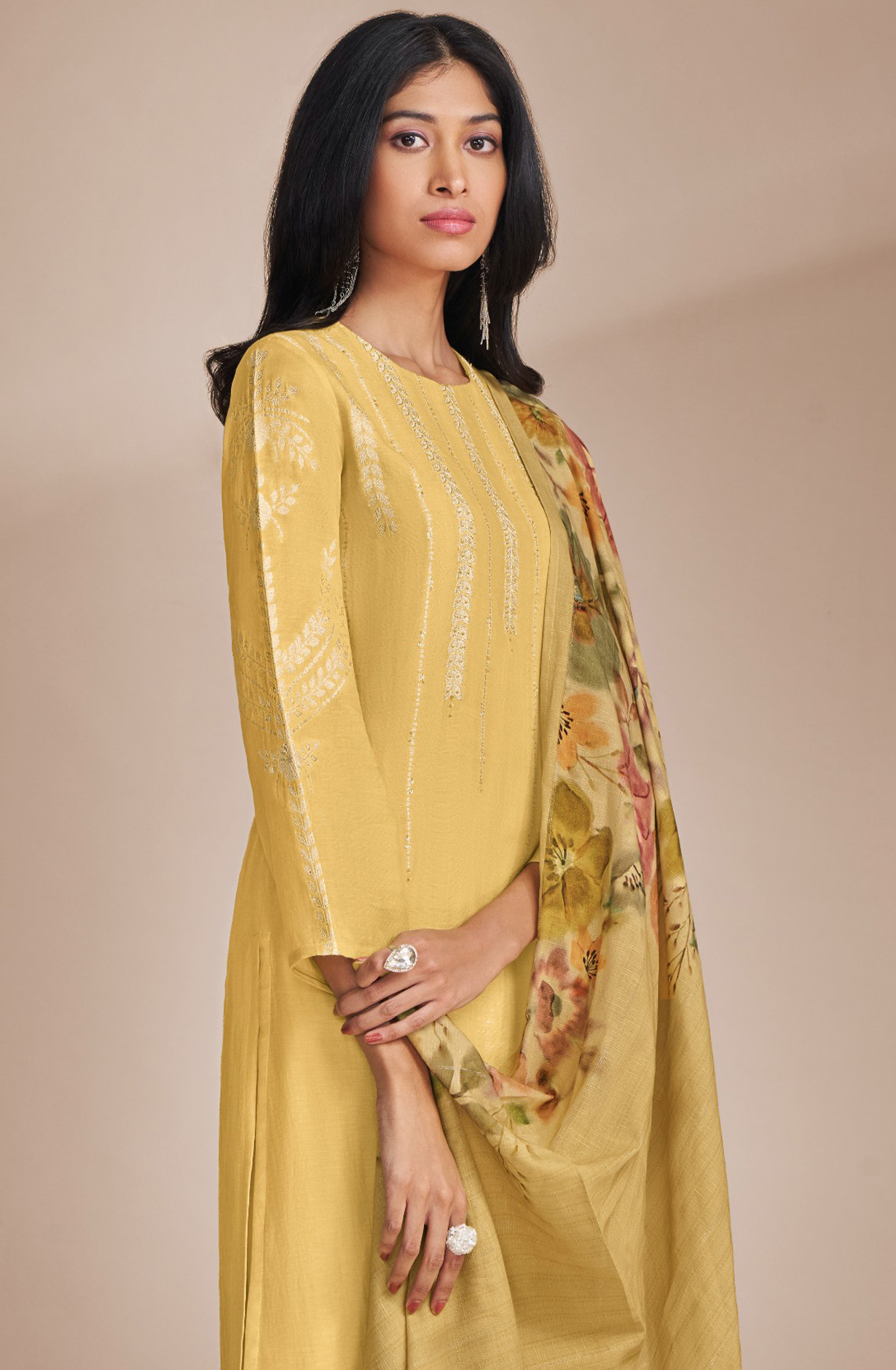 Yellow Beautiful Linen Handwork Suit Set with Dupatta - HID6761D