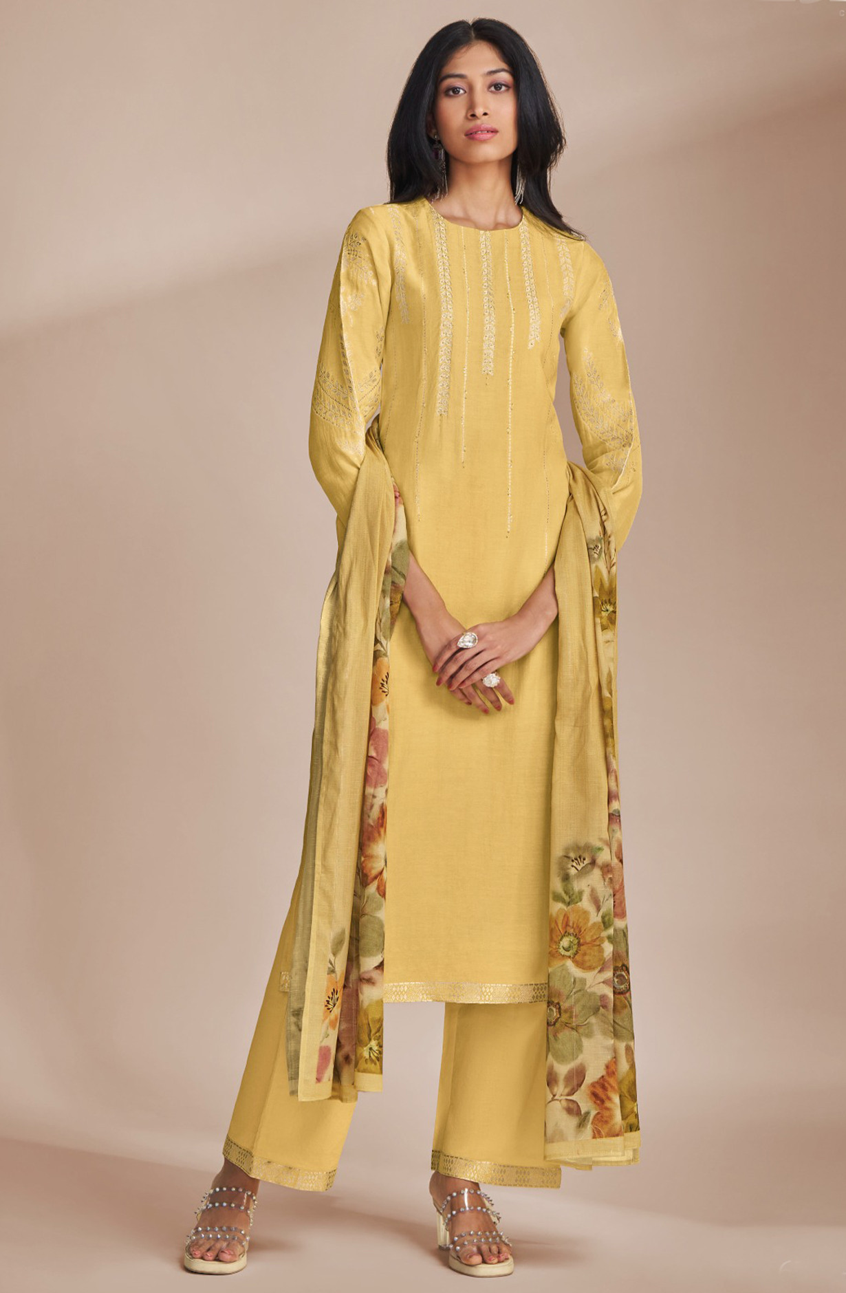 Yellow Beautiful Linen Handwork Suit Set with Dupatta - HID6761D