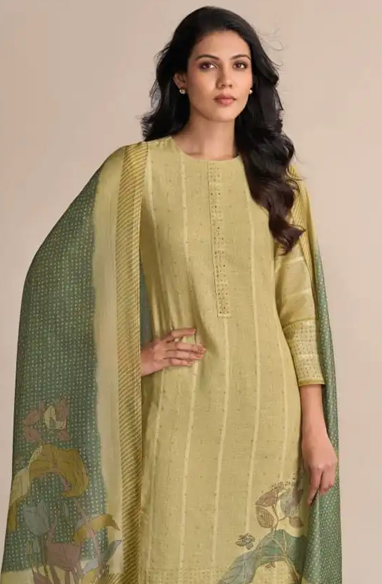 Mehndi Cotton Linen Beautiful Suit Set with Dupatta- DES7791A