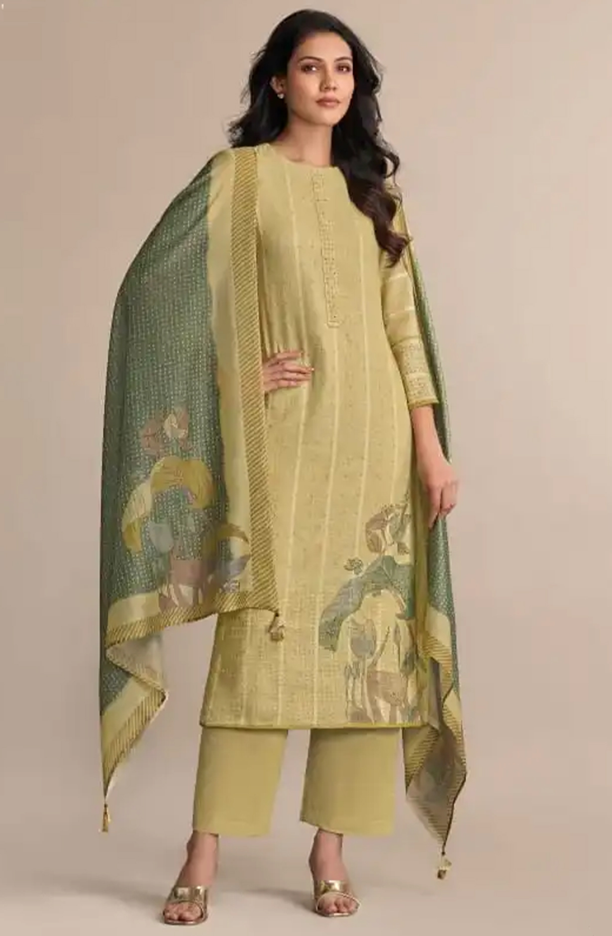 Mehndi Cotton Linen Beautiful Suit Set with Dupatta- DES7791A
