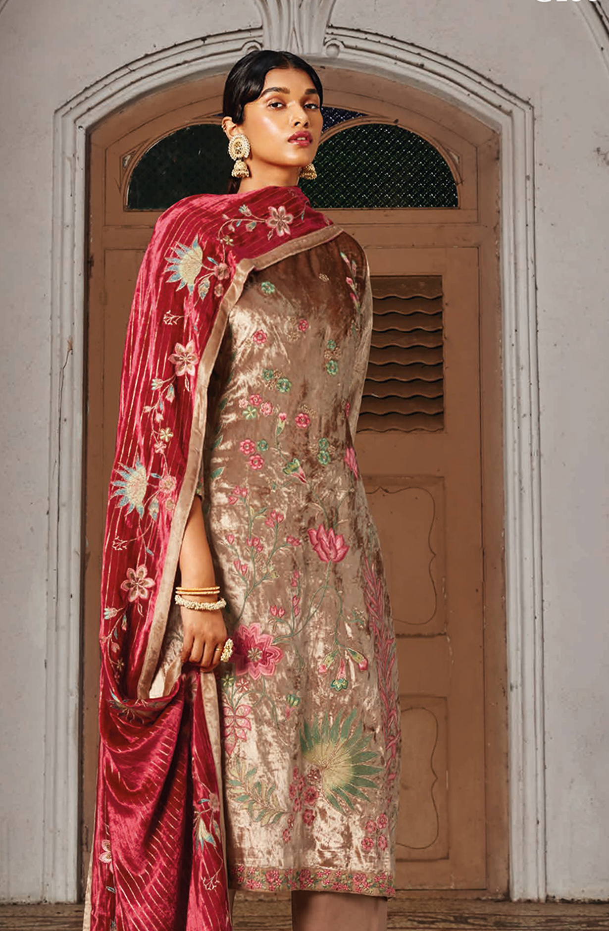 Beige Beautiful Pure Velvet Unstitched Salwar Kameez with Dupatta - GHAC1534