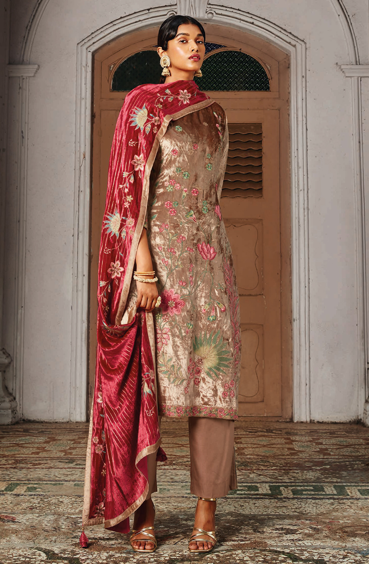 Beige Beautiful Pure Velvet Unstitched Salwar Kameez with Dupatta - GHAC1534