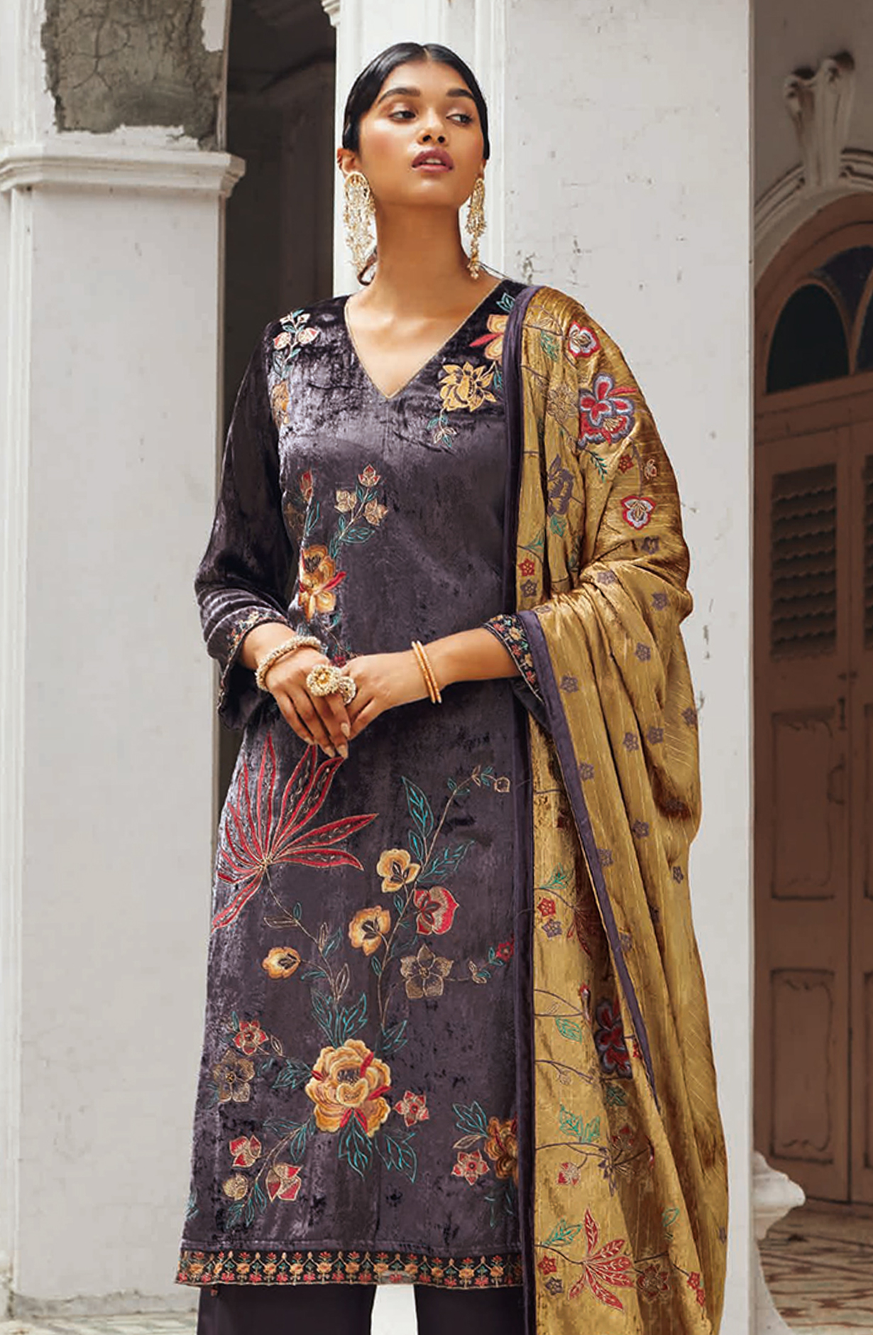 Purple Beautiful Pure Velvet Unstitched Salwar Kameez with Dupatta - GHAC1536