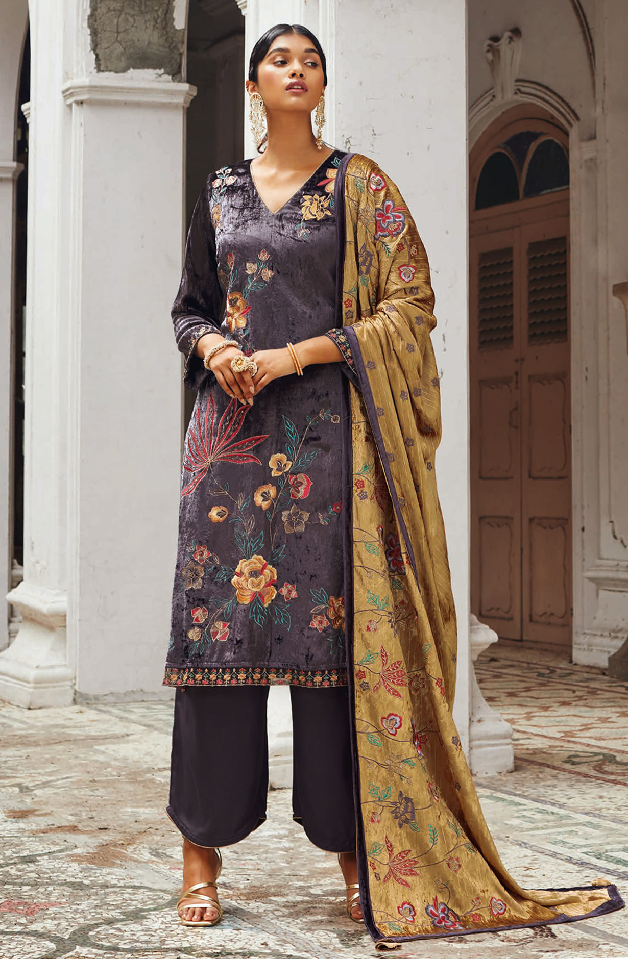 Purple Beautiful Pure Velvet Unstitched Salwar Kameez with Dupatta - GHAC1536