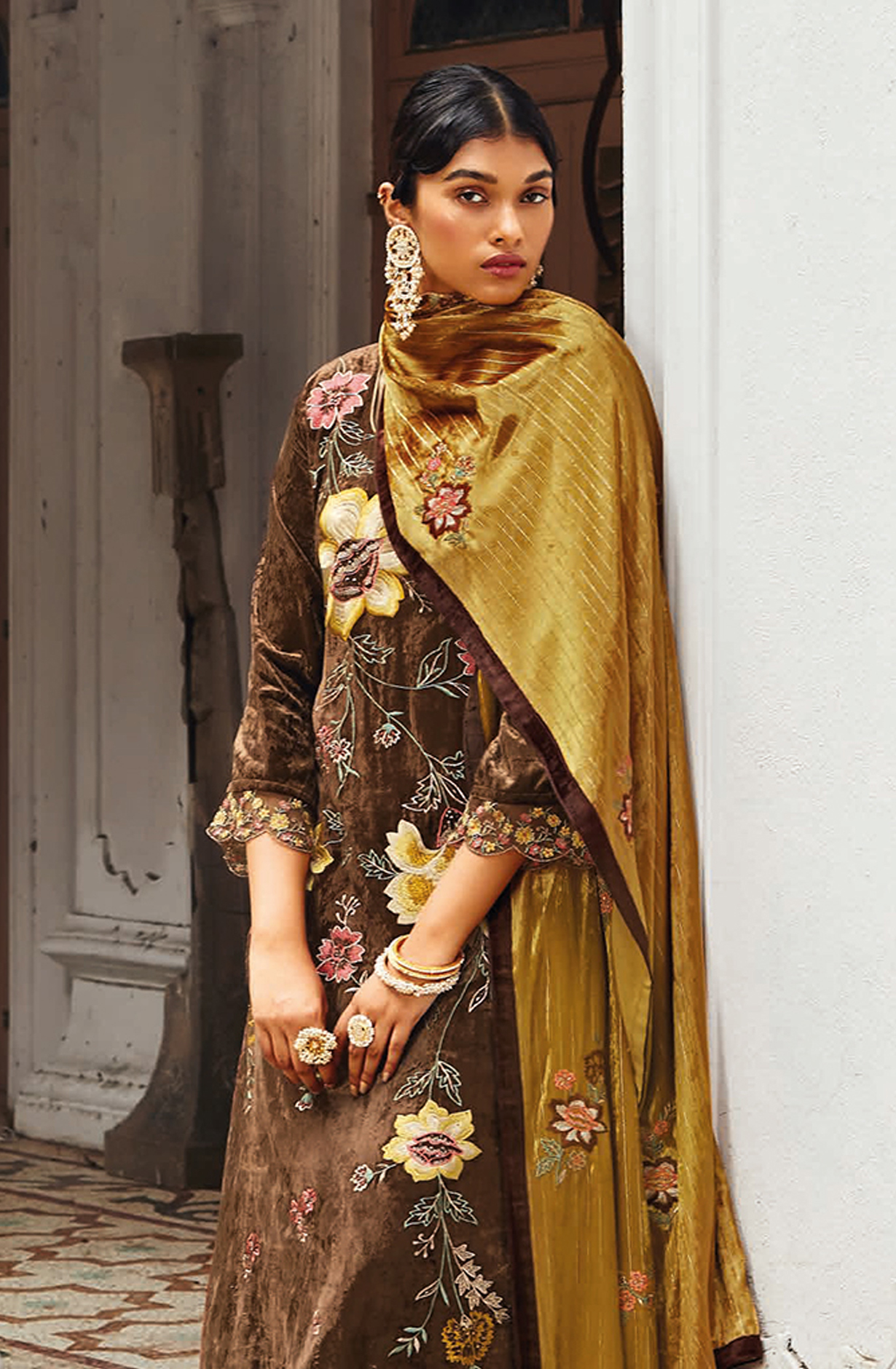 Chocolate Brown Beautiful Pure Velvet Unstitched Salwar Kameez with Dupatta - GHAC1537