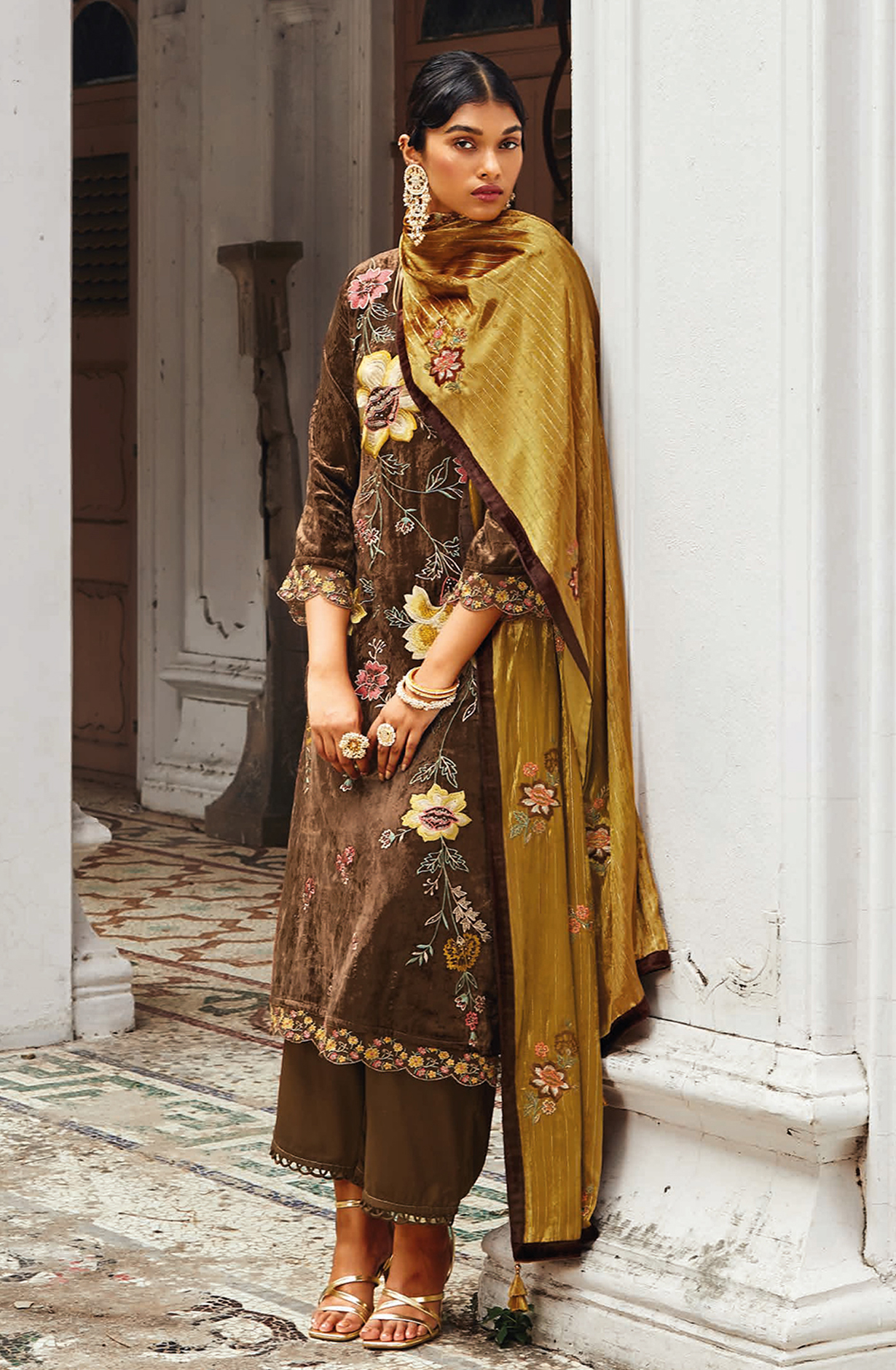 Chocolate Brown Beautiful Pure Velvet Unstitched Salwar Kameez with Dupatta - GHAC1537