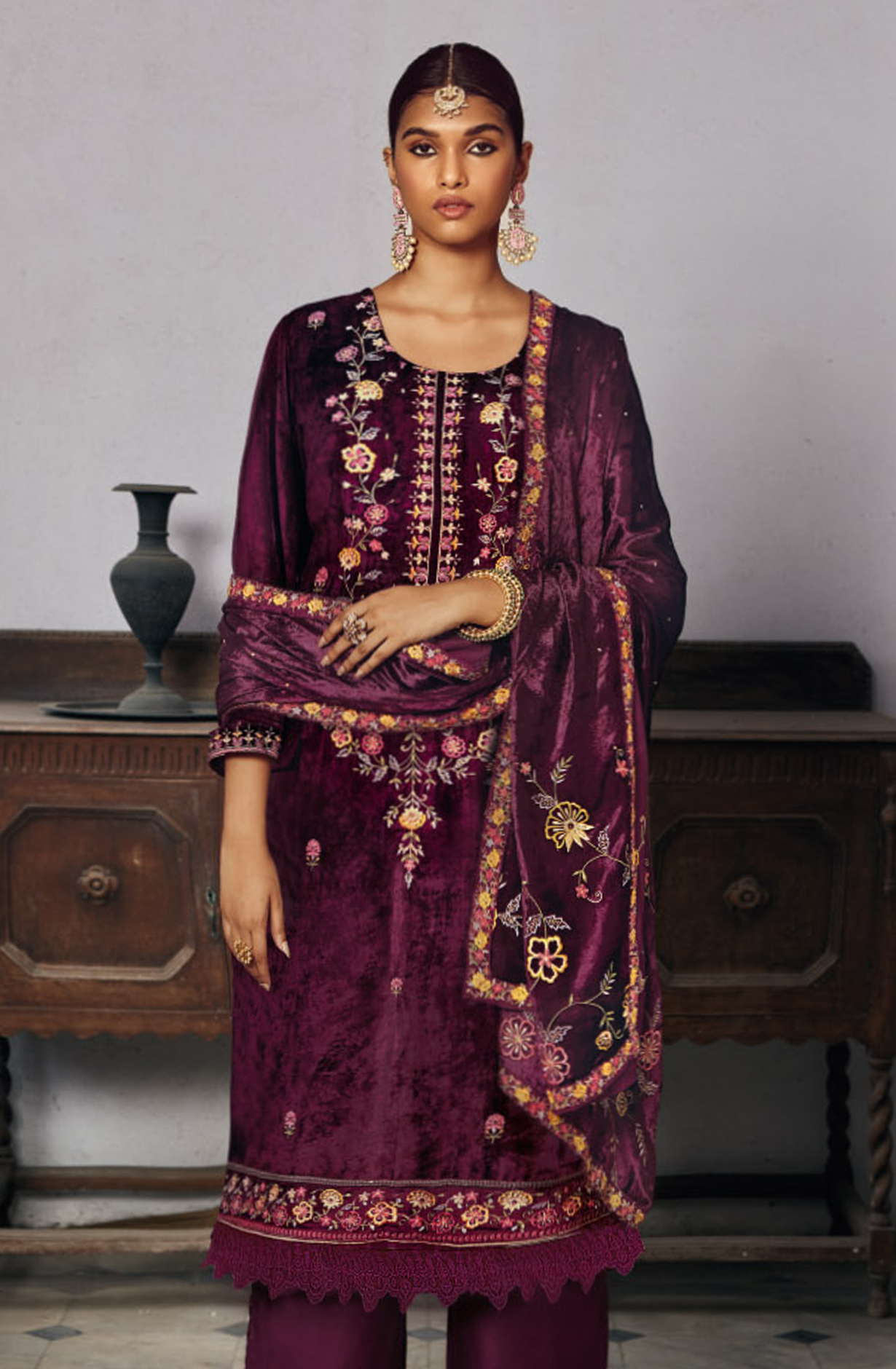 Purple Beautiful Pure Velvet Unstitched Suit with Dupatta - MINC1521