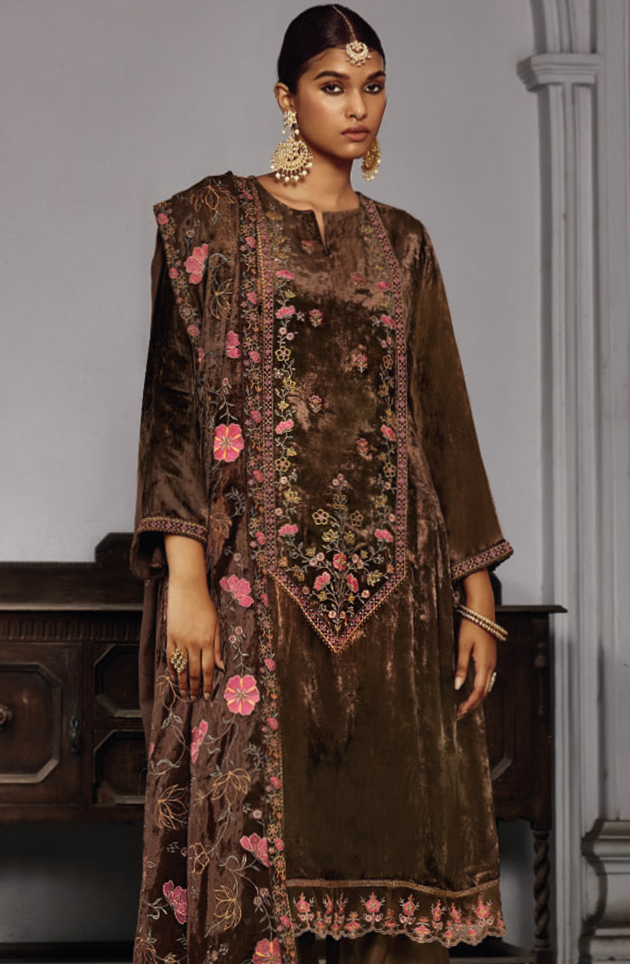 Brown Beautiful Pure Velvet Unstitched Suit with Dupatta - MINC1523