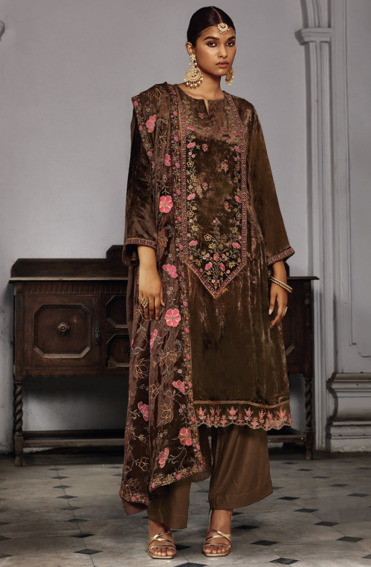 Brown Beautiful Pure Velvet Unstitched Suit with Dupatta - MINC1523
