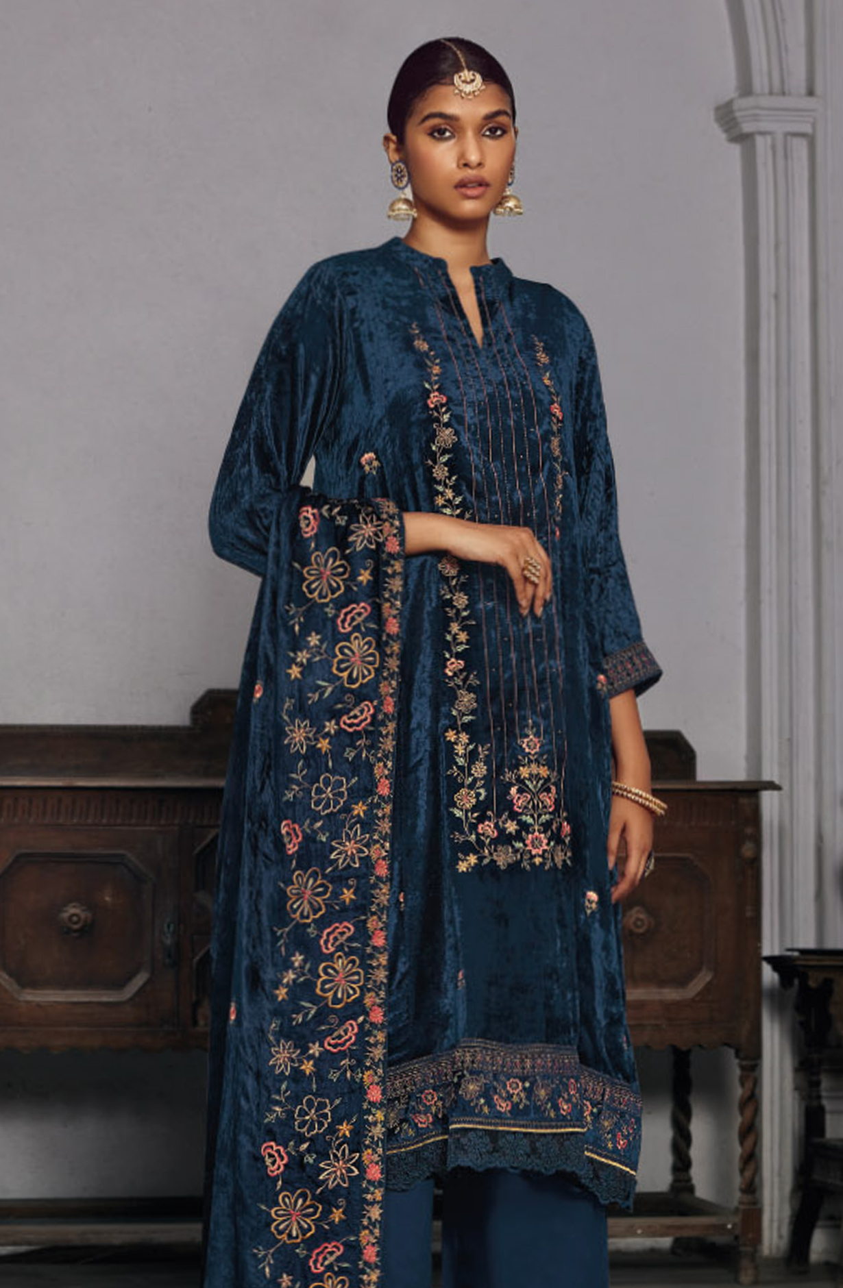Blue Red Beautiful Pure Velvet Unstitched Suit with Dupatta - MINC1524