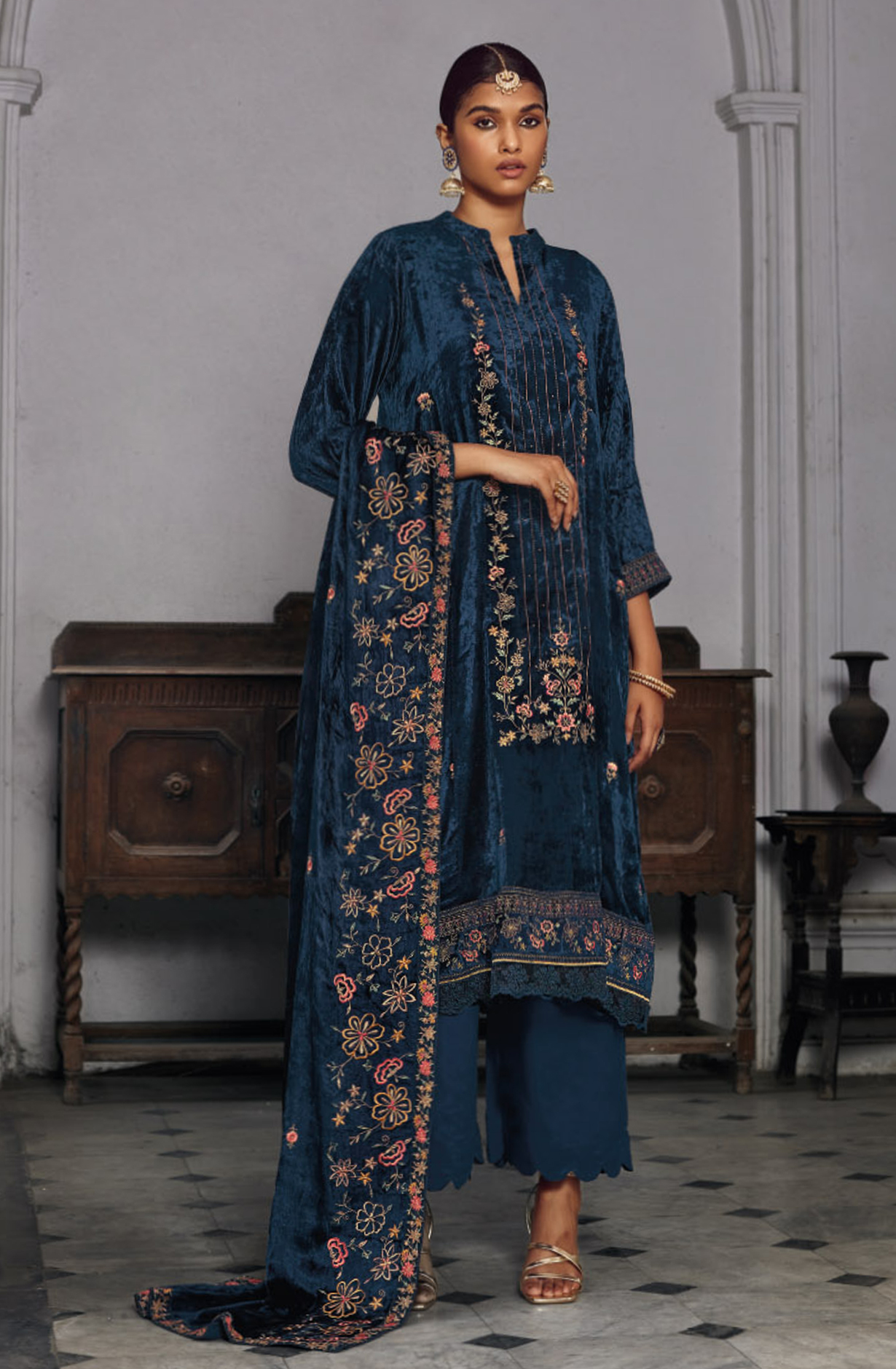Blue Red Beautiful Pure Velvet Unstitched Suit with Dupatta - MINC1524
