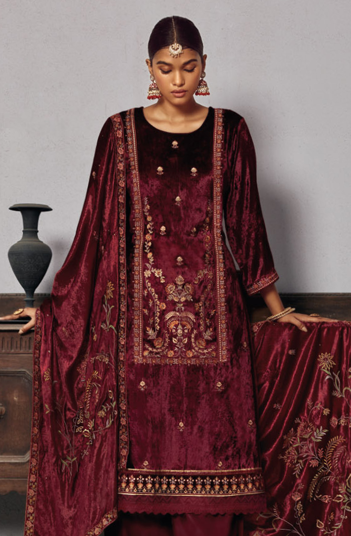 Rose Red Beautiful Pure Velvet Unstitched Suit with Dupatta - MINC1526