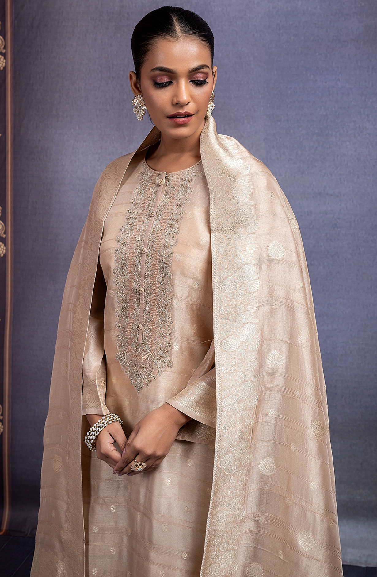 Fawn Jacquard Silk Suit with Dupatta -R157-SPR2135