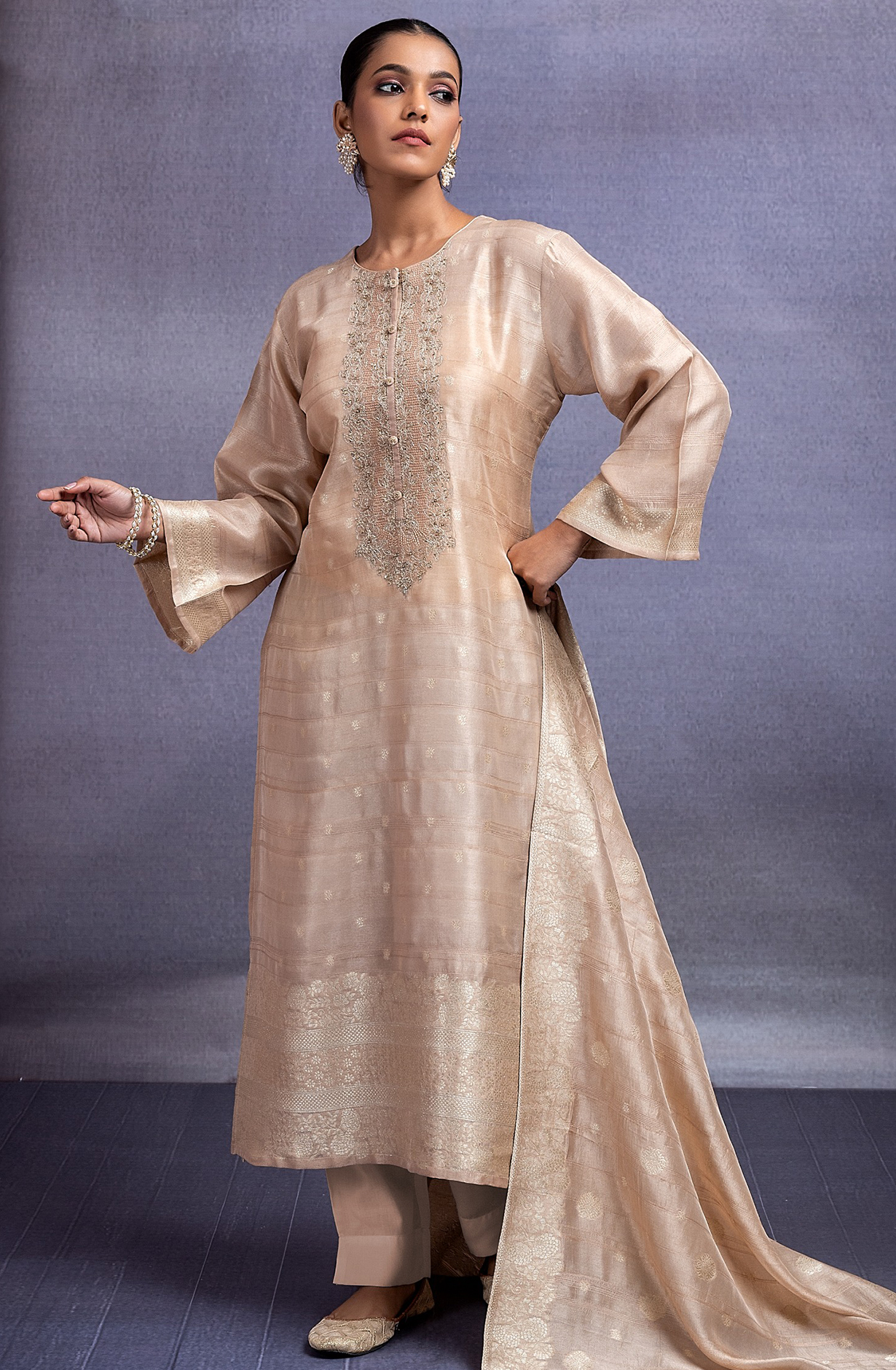 Fawn Jacquard Silk Suit with Dupatta -R157-SPR2135