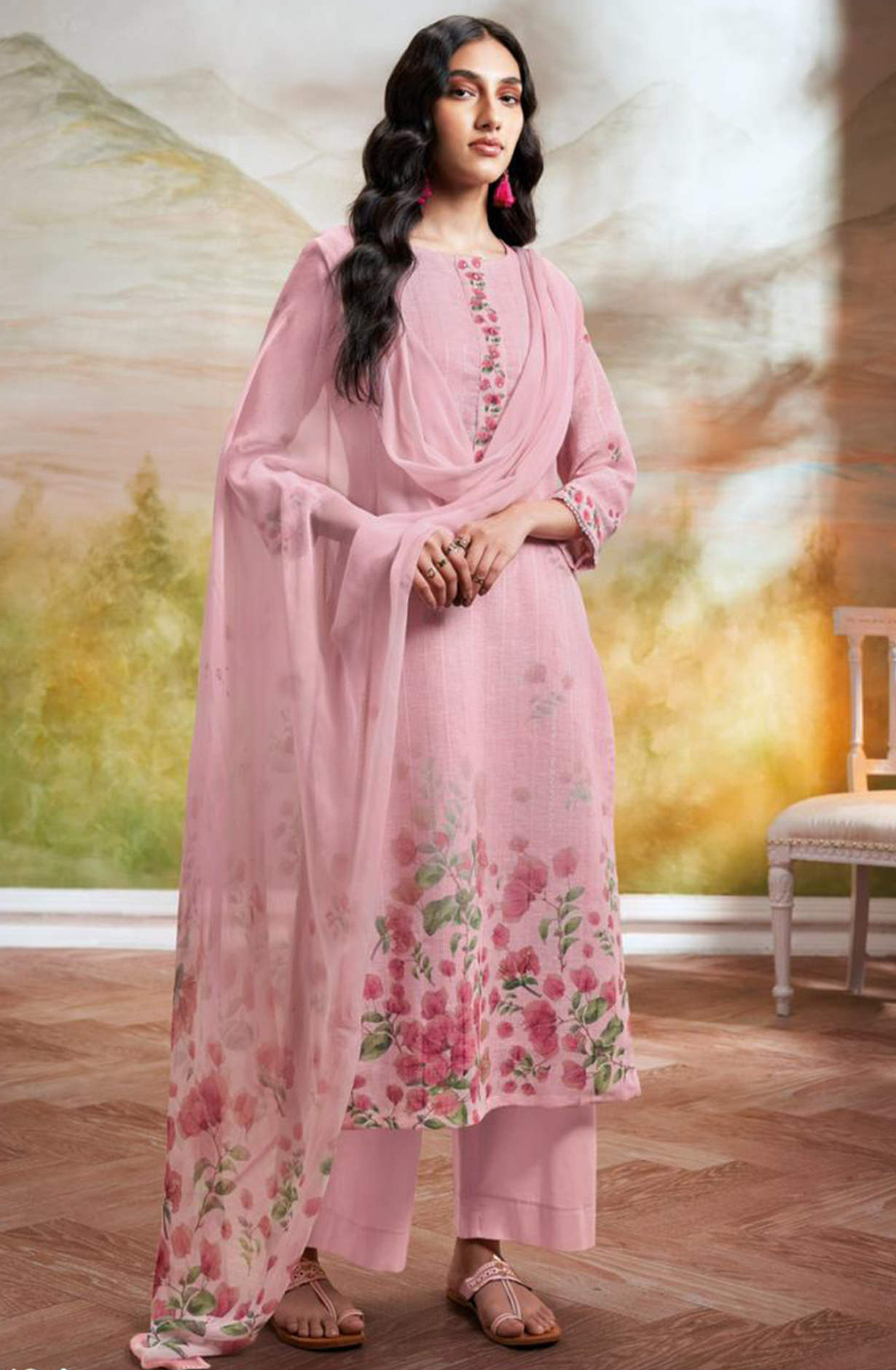 Printed Cotton Suit Set with Chiffon Dupatta - ESHS2743A
