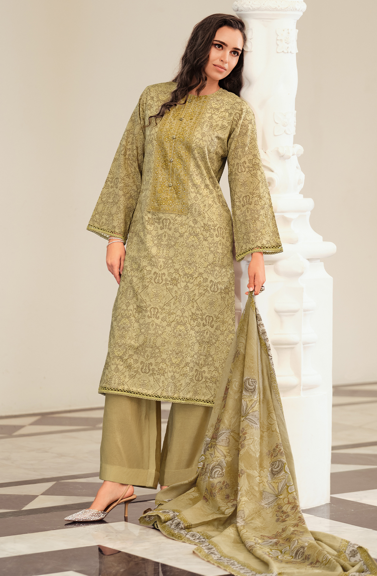 Mehndi Green Cotton Digital Printed Lace Work Unstitched Salwar Kameez - AVY01